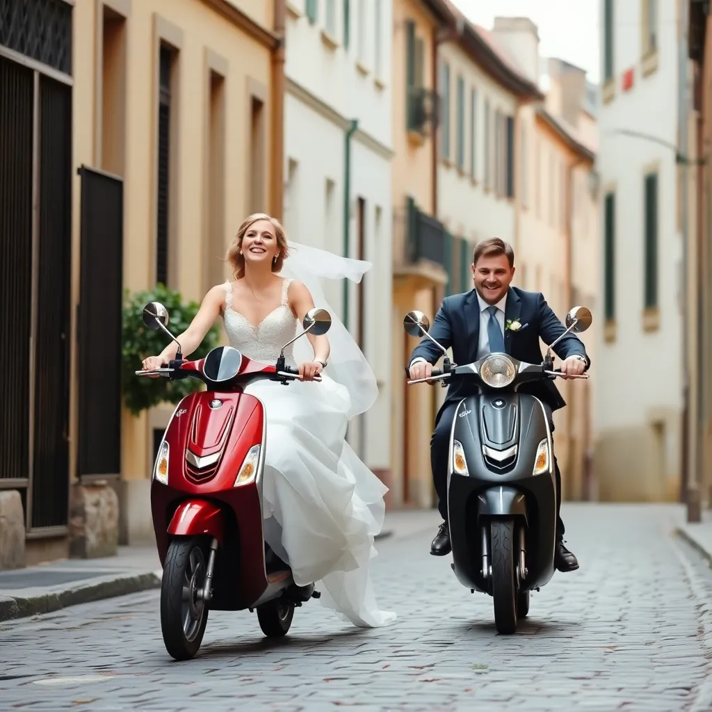 A bride and groom riding scooters down a street.
