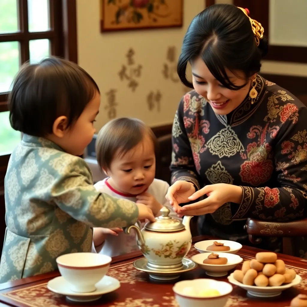 A mother and child at a tea ceremony.