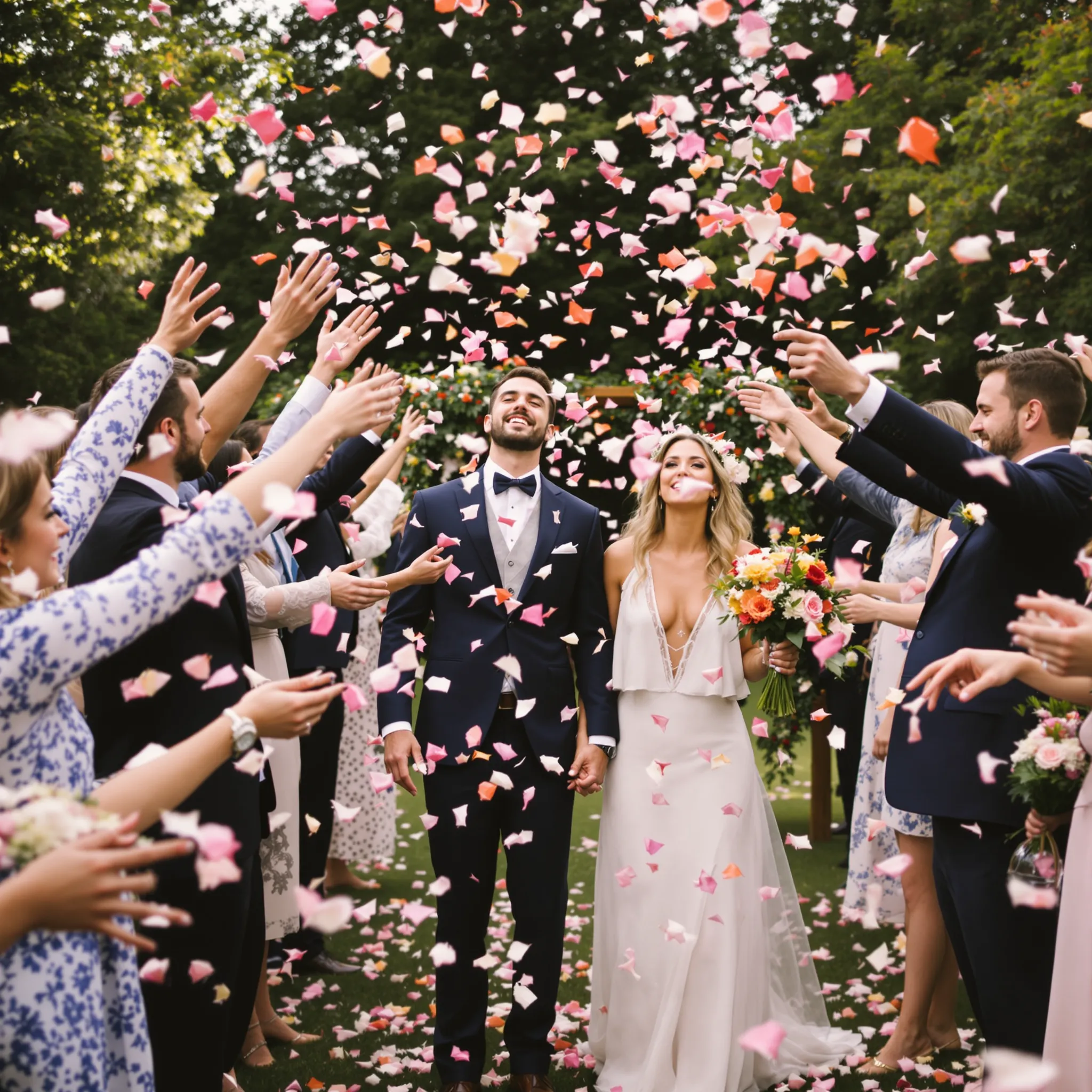 A wedding party throwing confetti over the bride and groom.