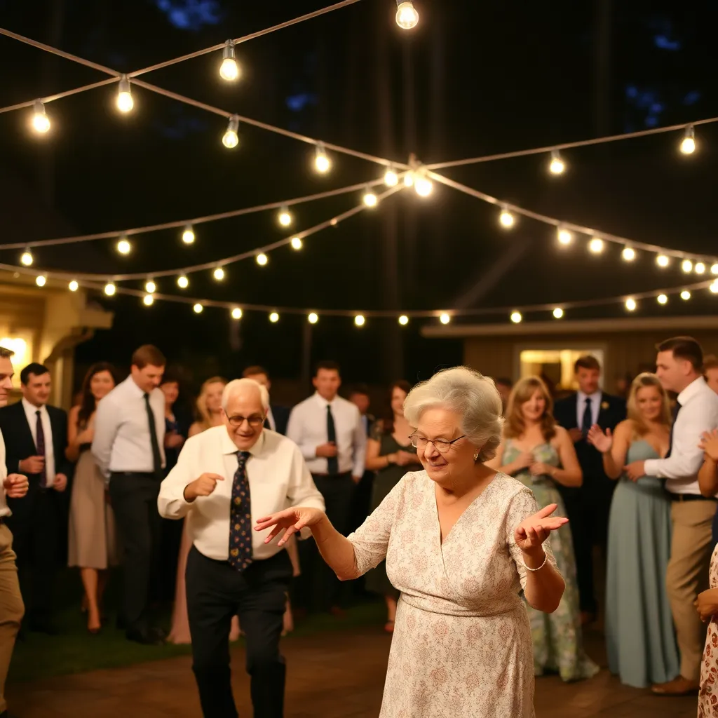 Wedding guests dancing outdoors under string lights at night.