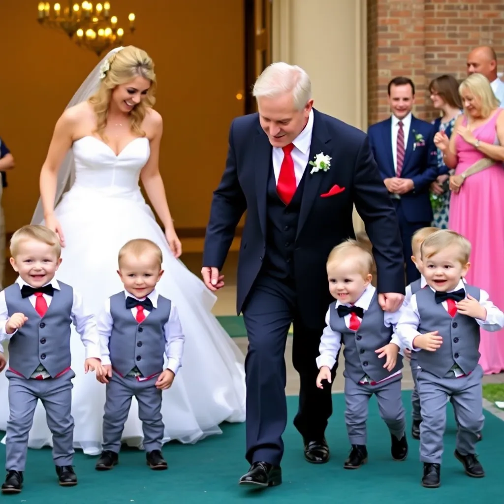 Bride and groom walking down the aisle with children.