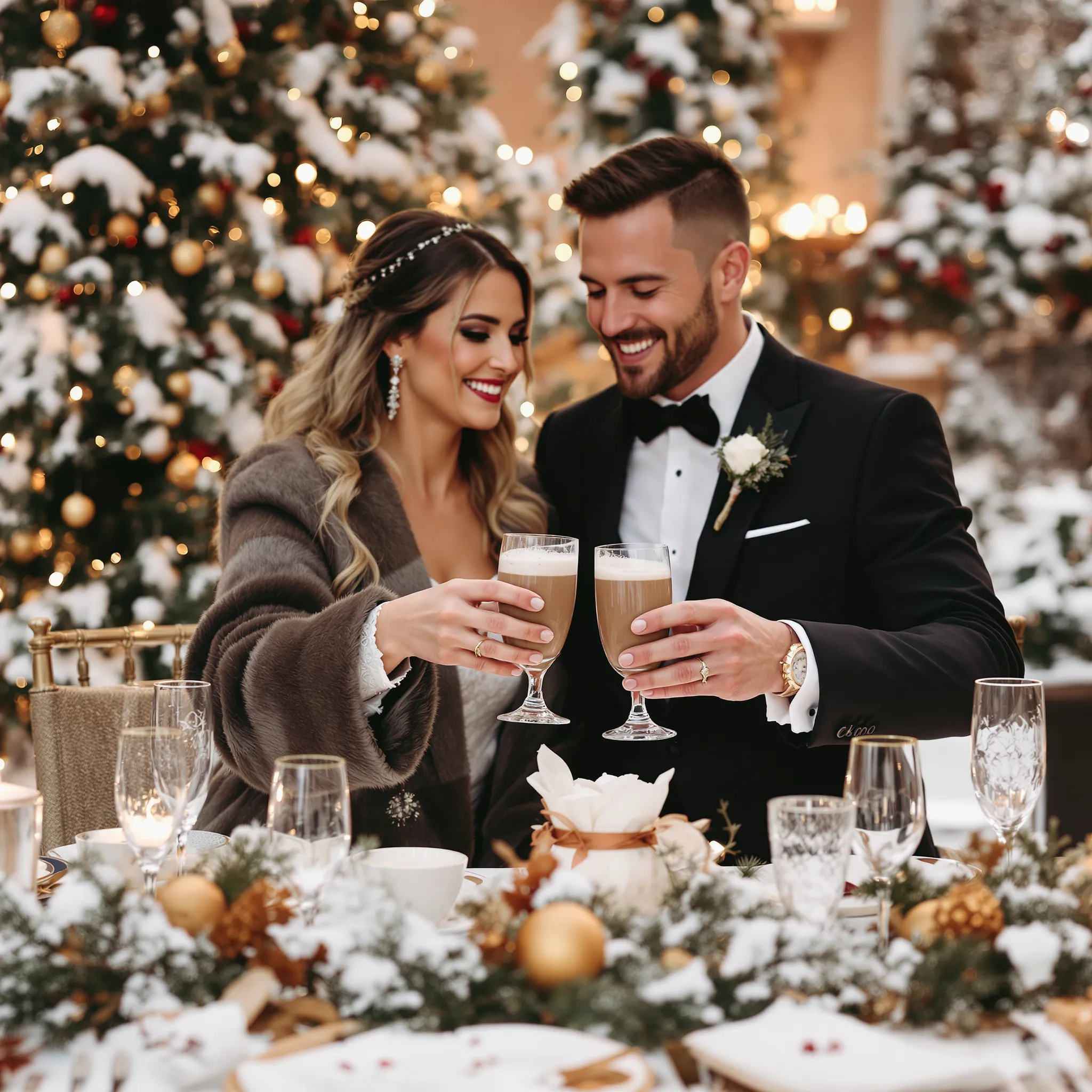 Bride and groom toasting at a wedding reception.