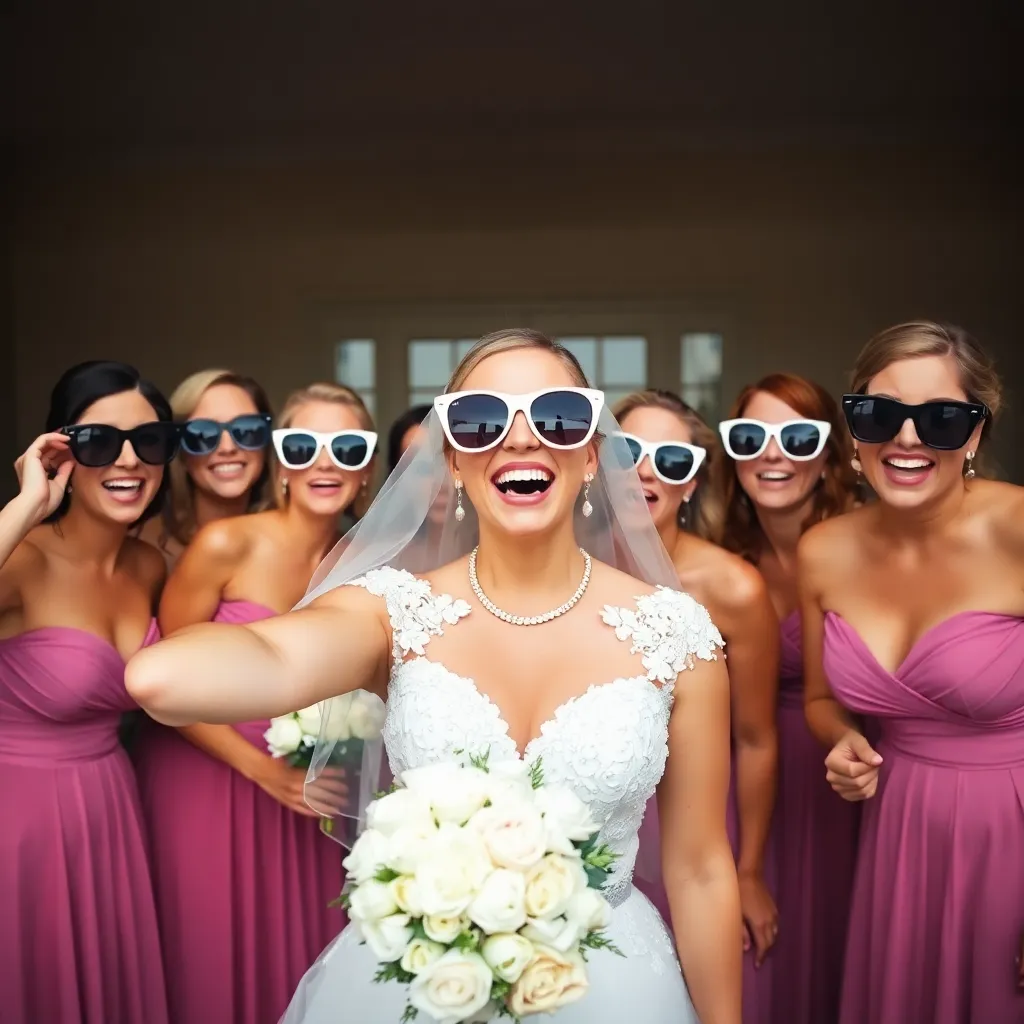 A bride wearing sunglasses takes a selfie with her bridesmaids, who are also wearing sunglasses.