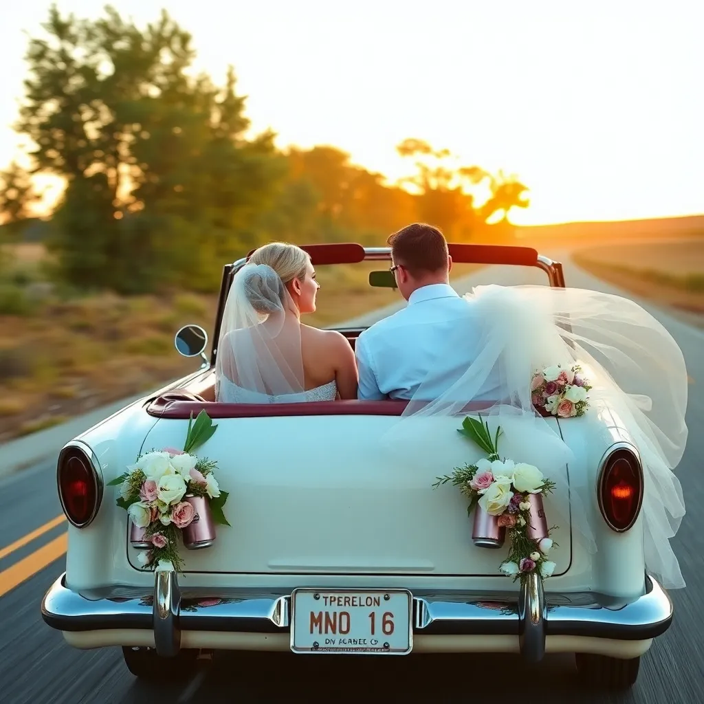 A bride and groom driving away in a decorated convertible at sunset.