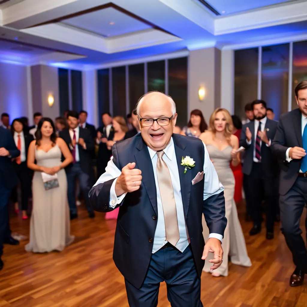 A wedding guest dancing enthusiastically at the reception.