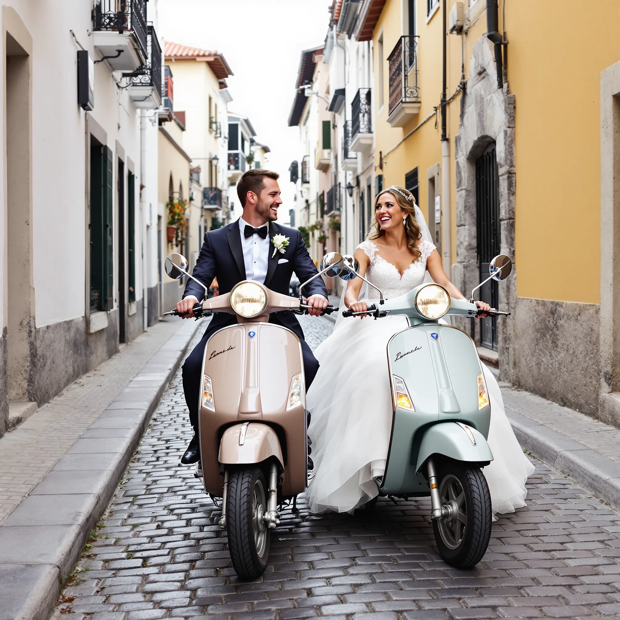 A bride and groom riding scooters down a narrow street in a European town.