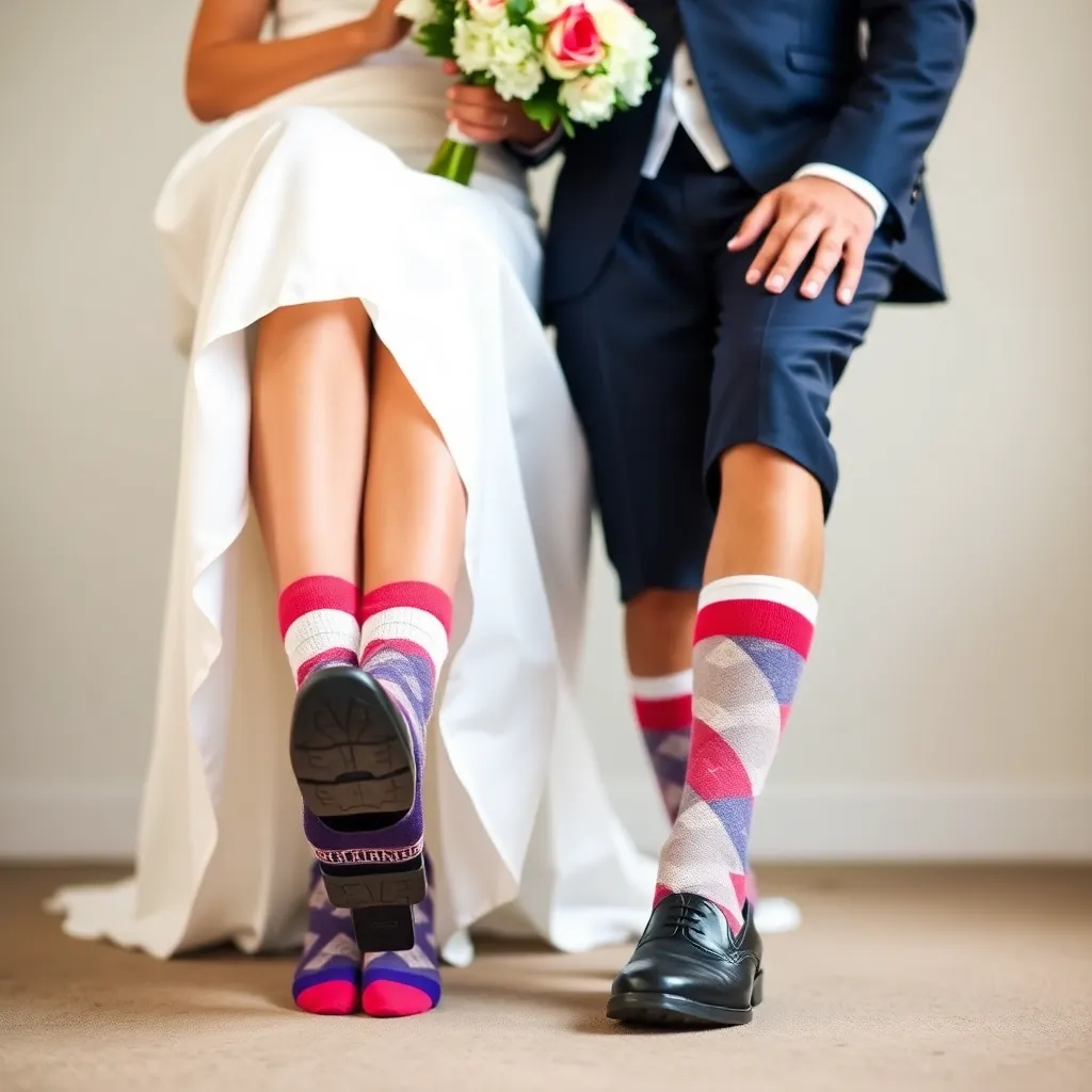 The lower legs of a bride and groom are visible, both wearing brightly colored and patterned socks.