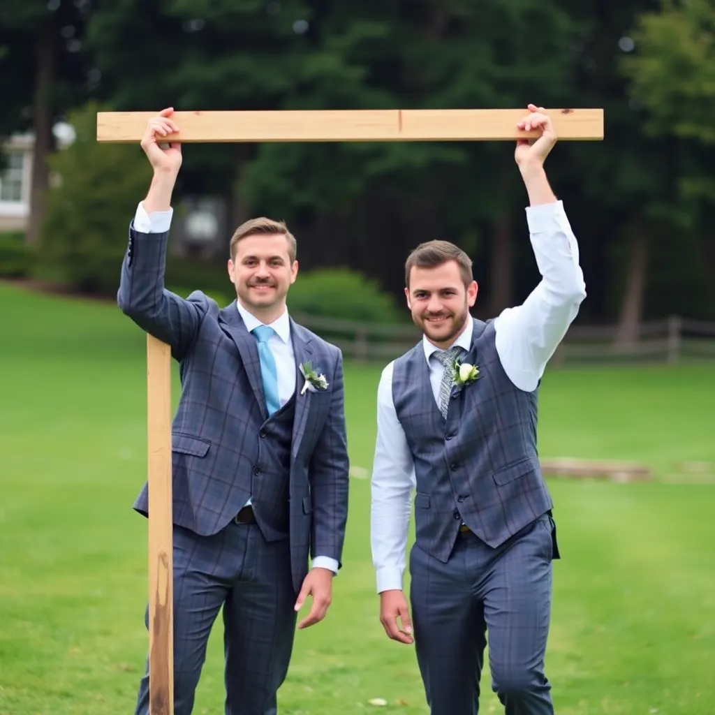 Two groomsmen in suits lifting a wooden beam outdoors on a grassy area.