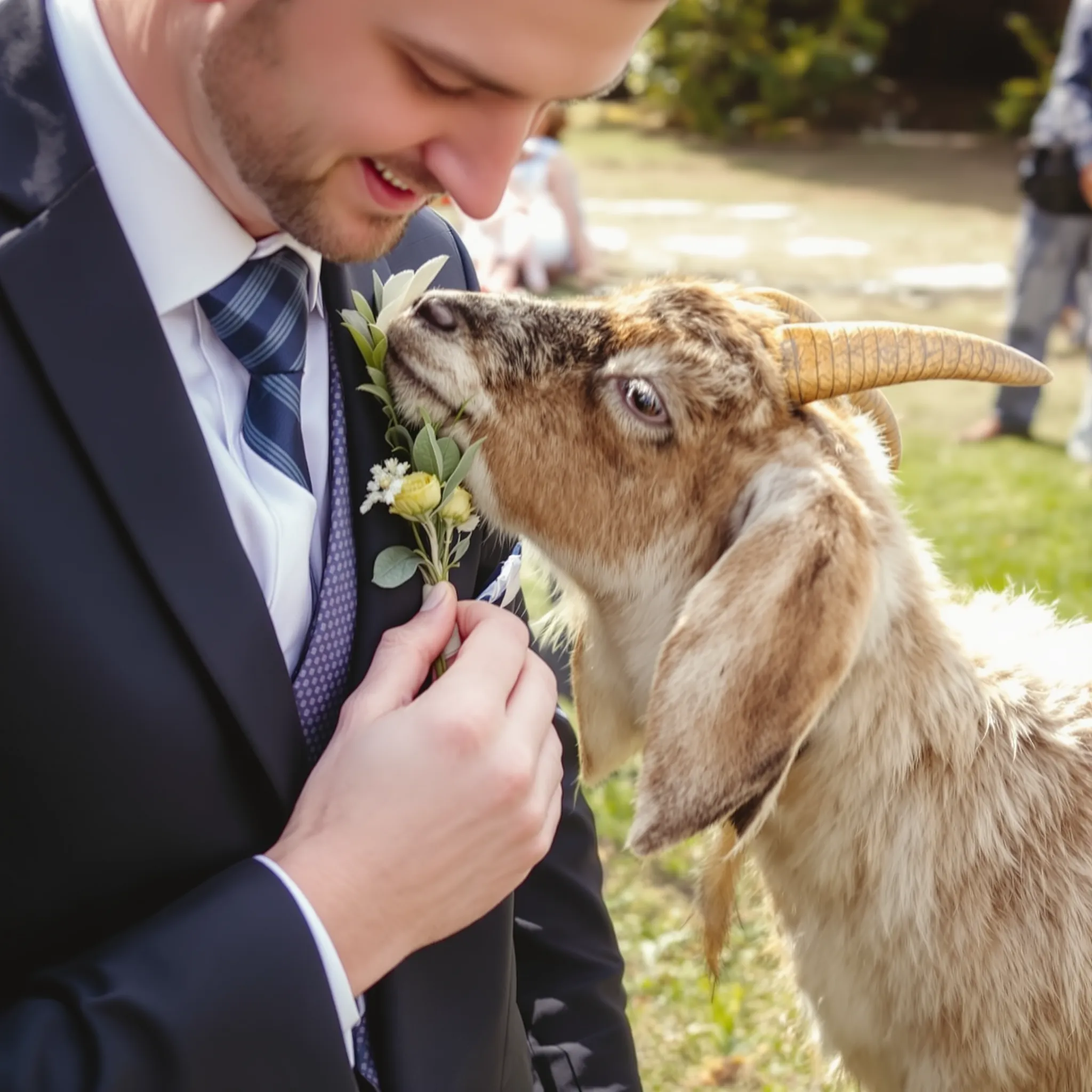 A groom in a suit gently petting a goat that is eating greenery from his hand.