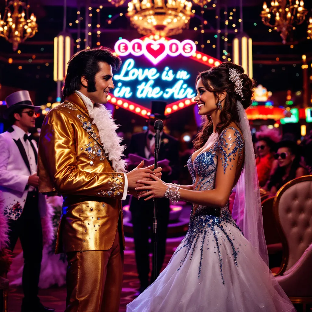 A bride and groom dancing closely under a neon 