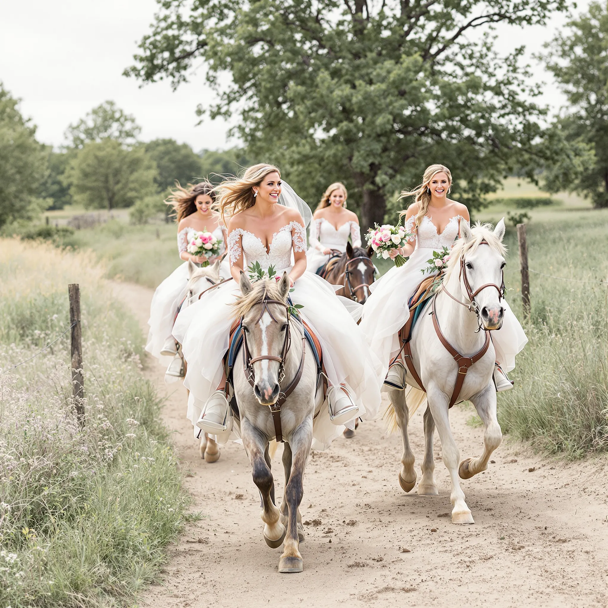 A bride and bridesmaids in dresses riding white horses down a dirt path in a rural setting.