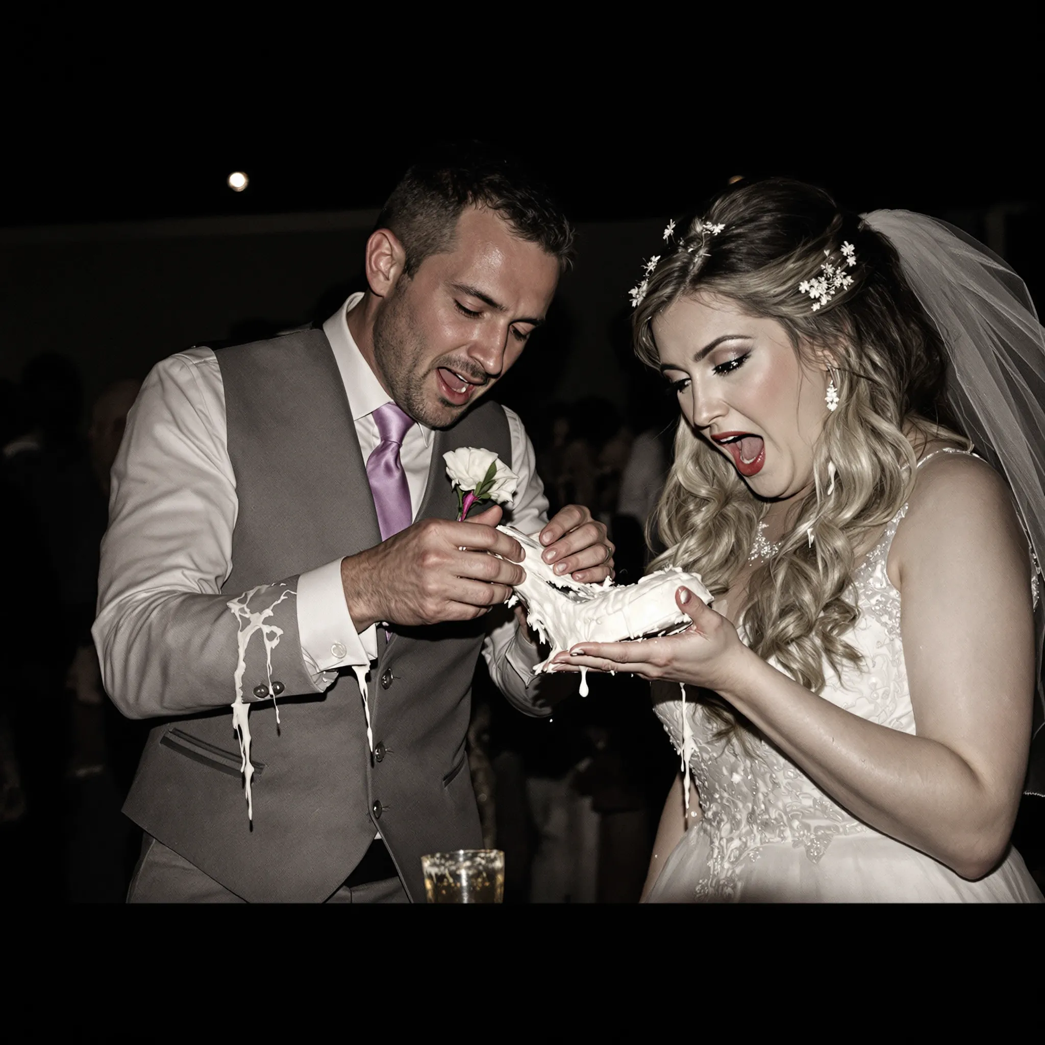 A bride and groom feeding each other wedding cake.