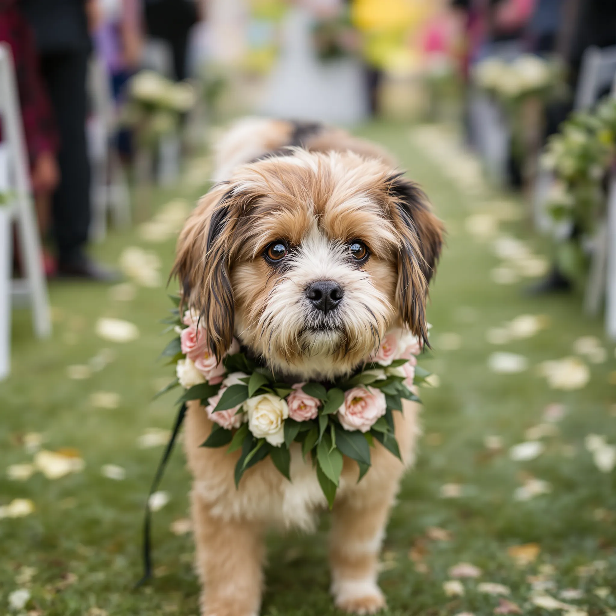 A dog wearing a floral wreath at a wedding. The image might show a Cavapoo, Lhasa Apso, or Cockapoo.