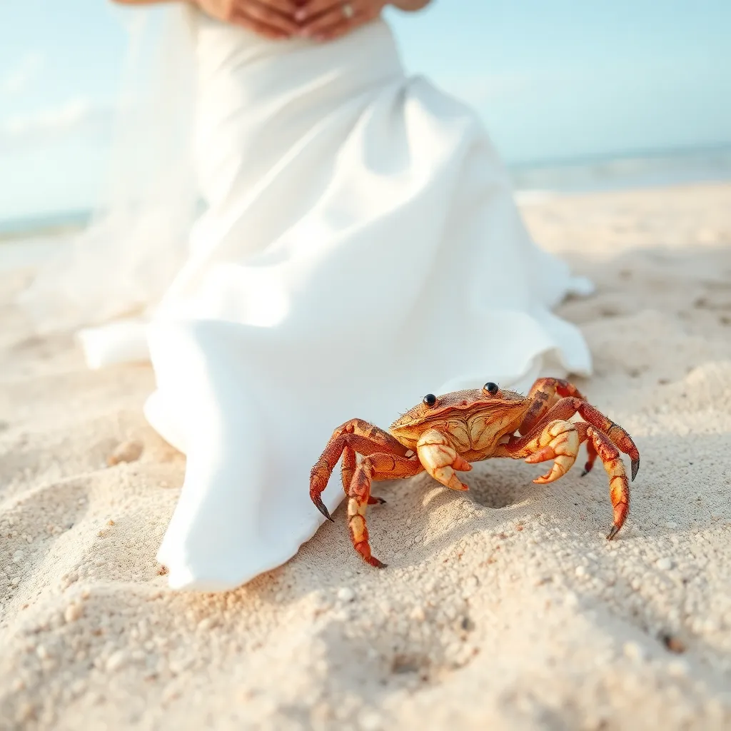 A bride with a crab on her dress.