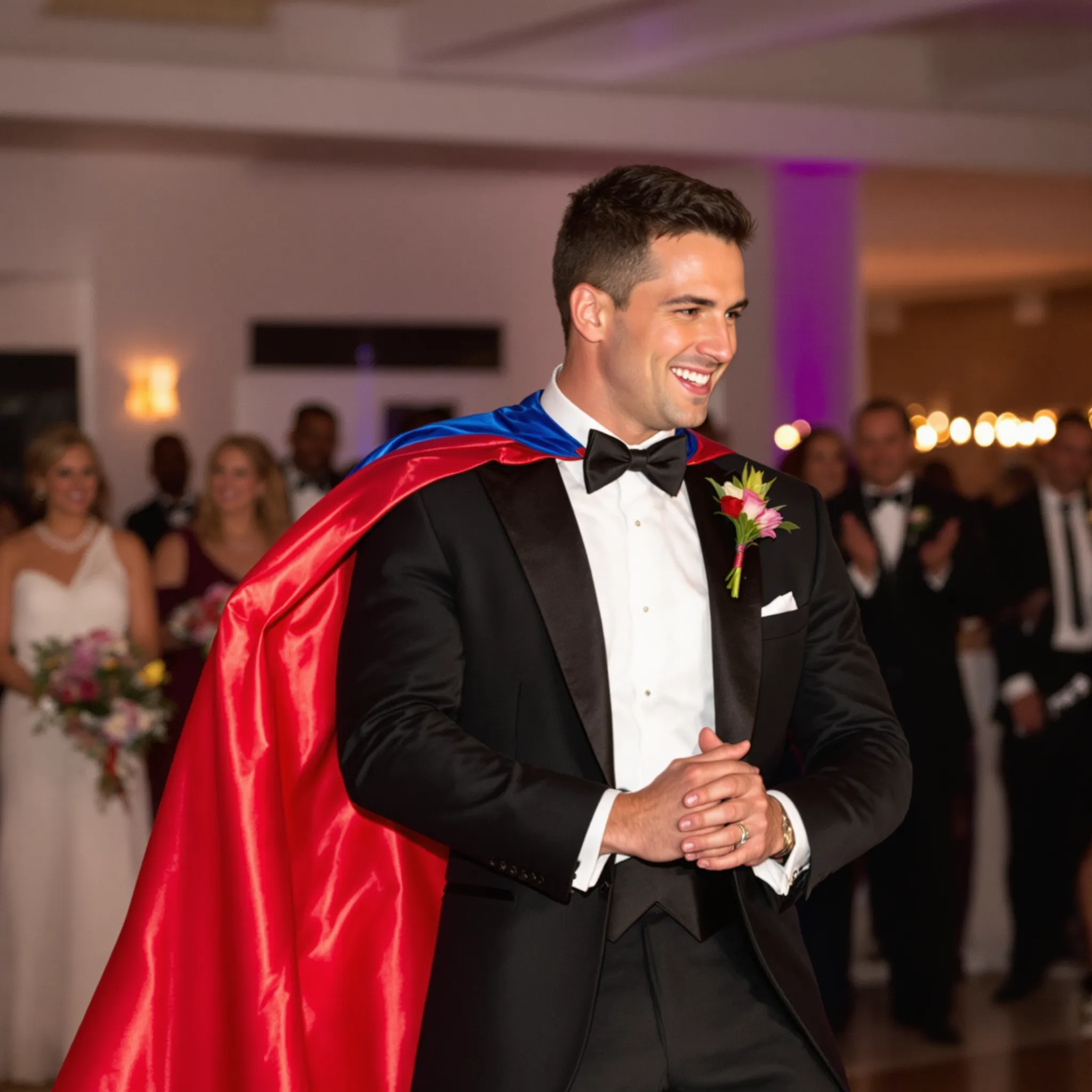 A groom wearing a cape at his wedding.