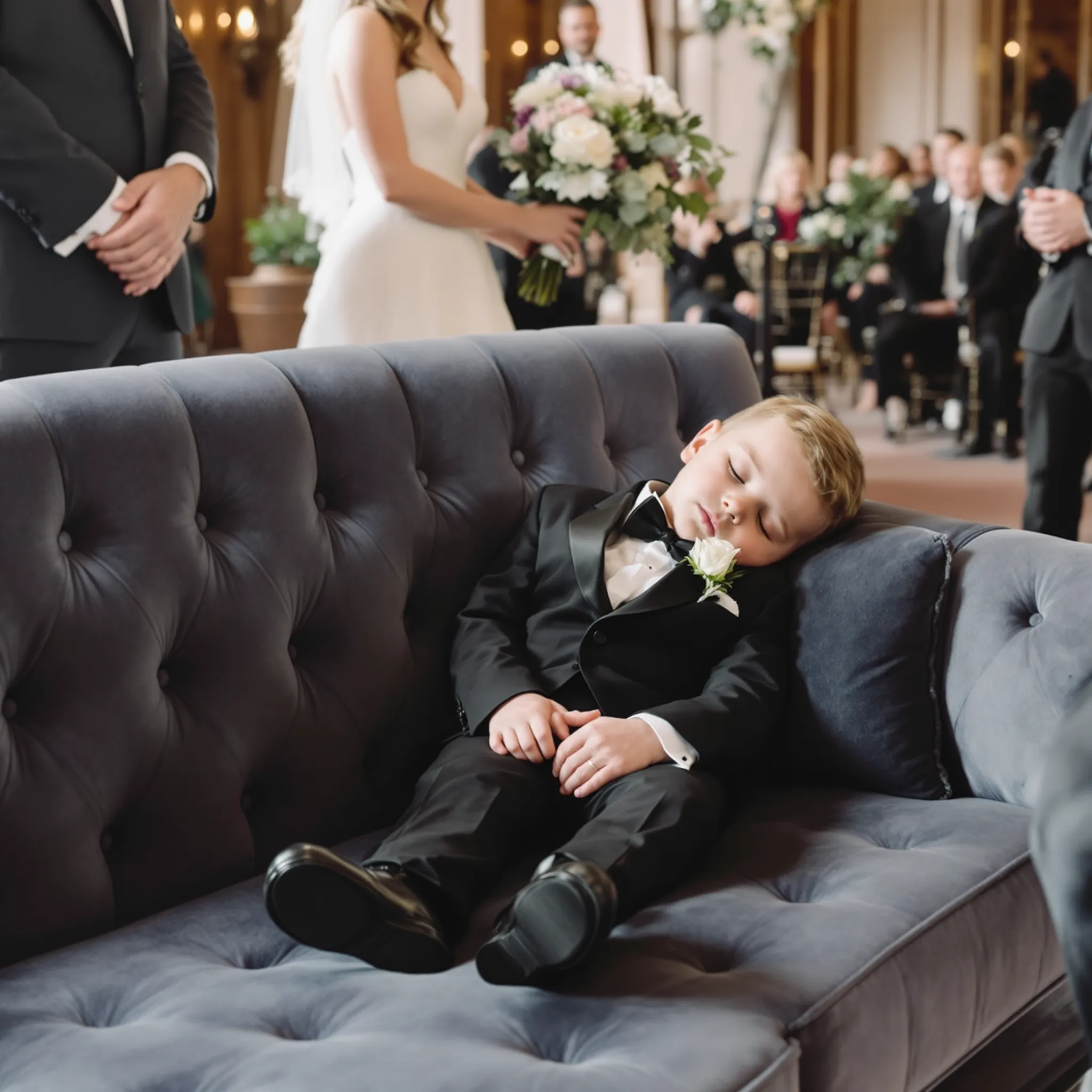 A child sleeping on a couch at a wedding.
