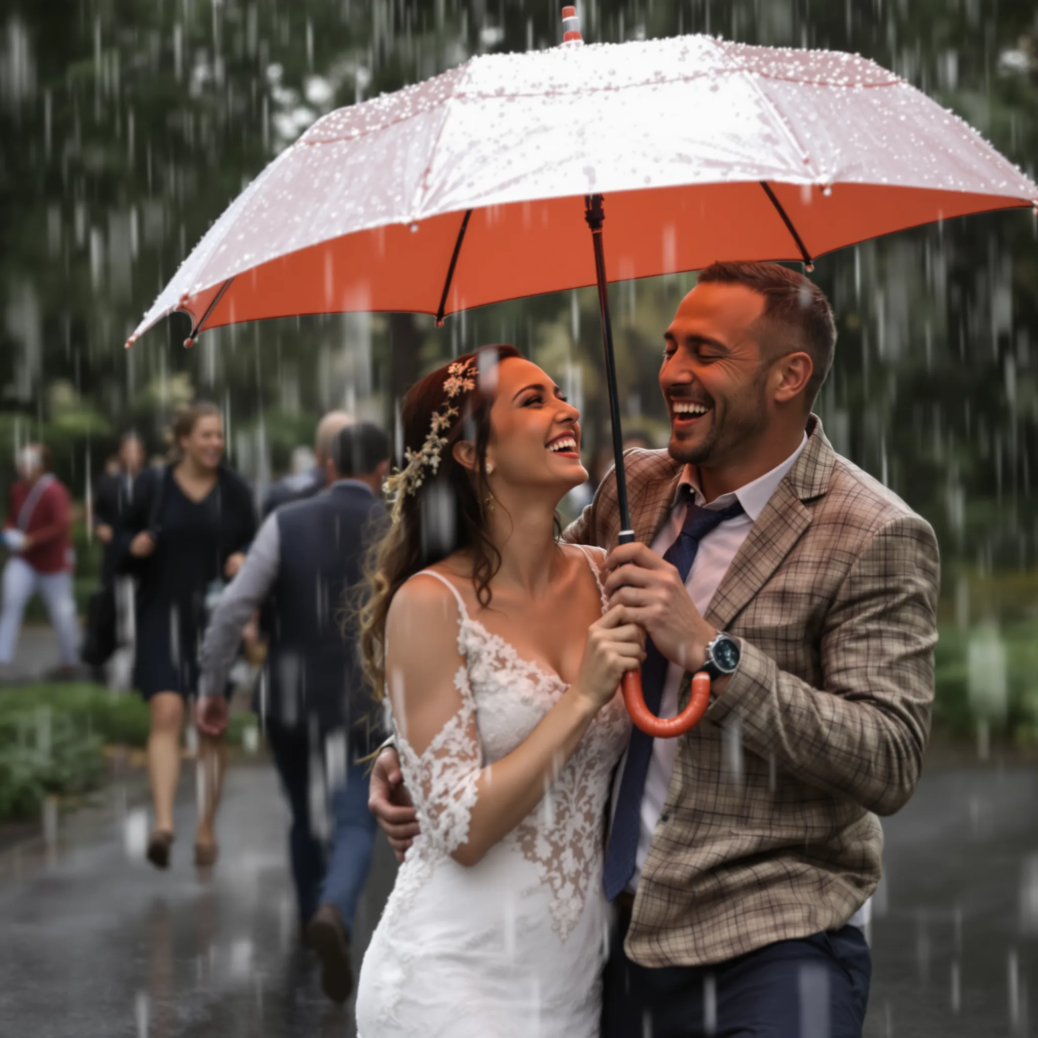 A bride and groom under an umbrella in the rain.