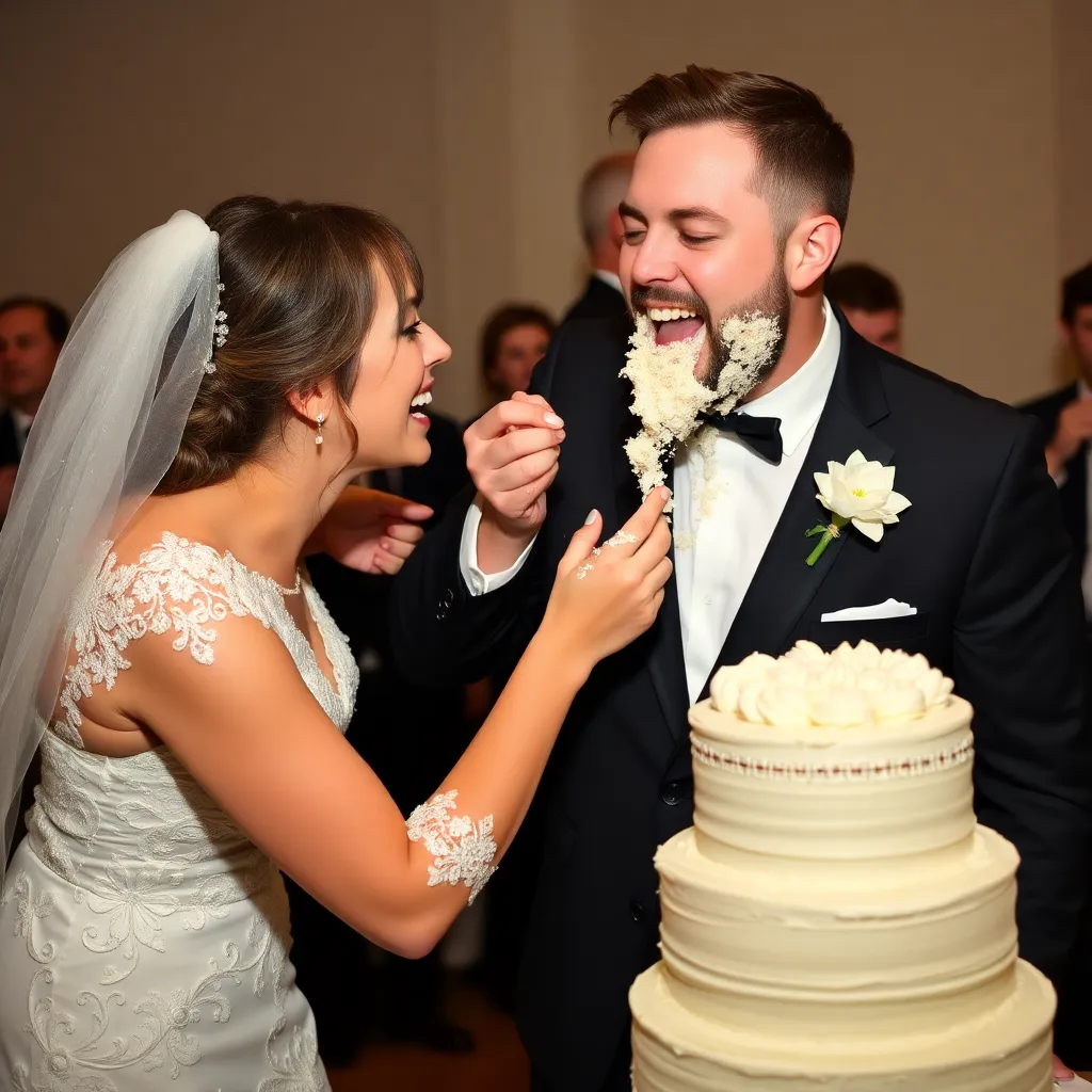 A bride and groom feeding each other cake.