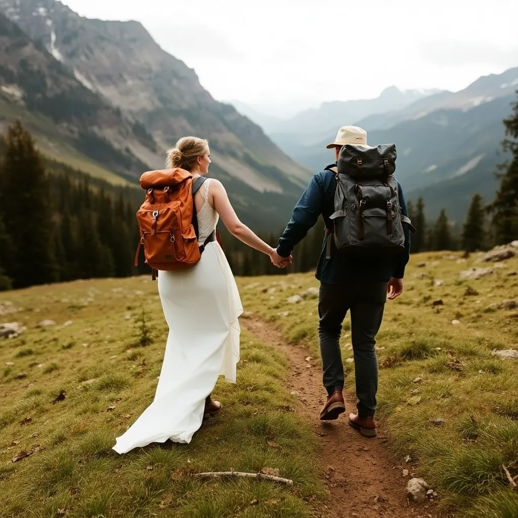 A bride and groom hiking in a mountainous landscape, the bride wearing her wedding dress and carrying a bouquet.