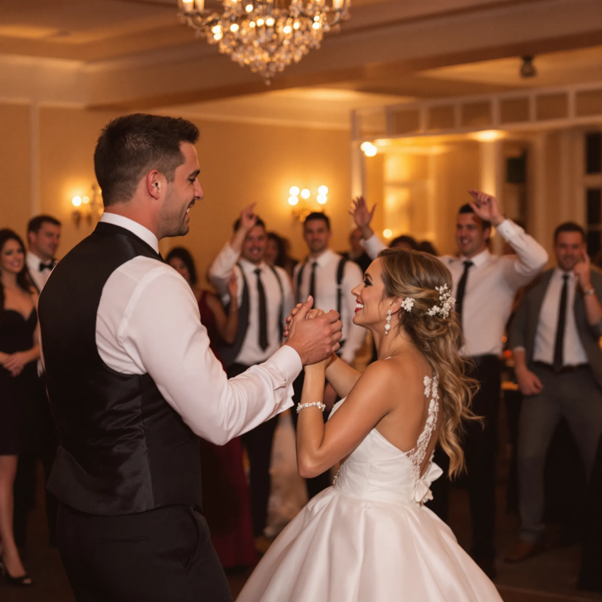A couple dancing at a wedding reception.