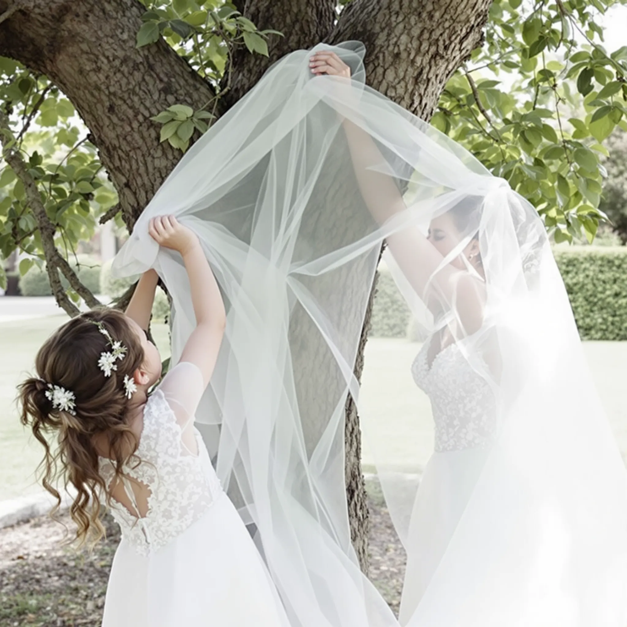 Two brides standing under a tree, one holding up the other's veil.