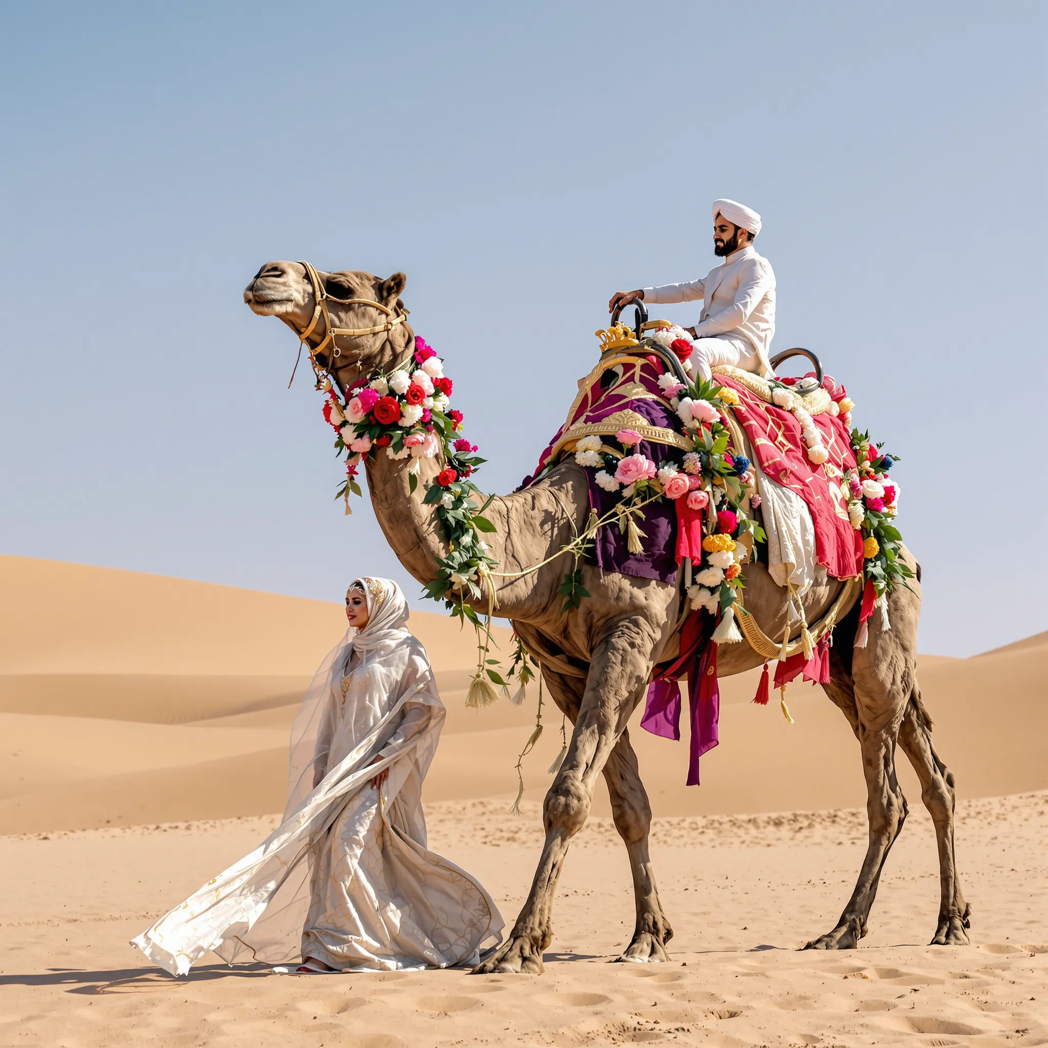 A bride and groom riding a camel in the desert. The groom is sitting on the camel and the bride is walking alongside.