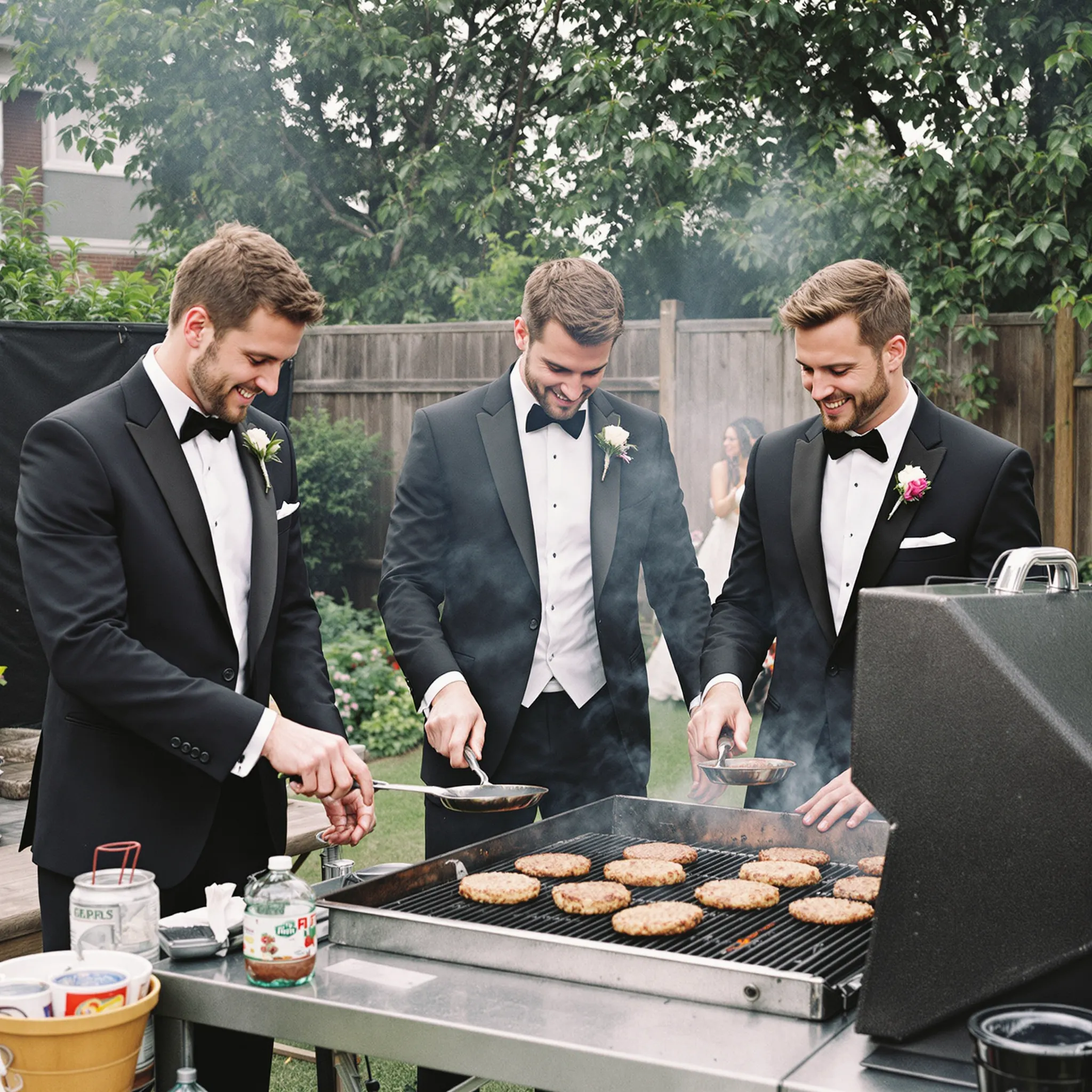 Three men in suits grilling food outdoors.
