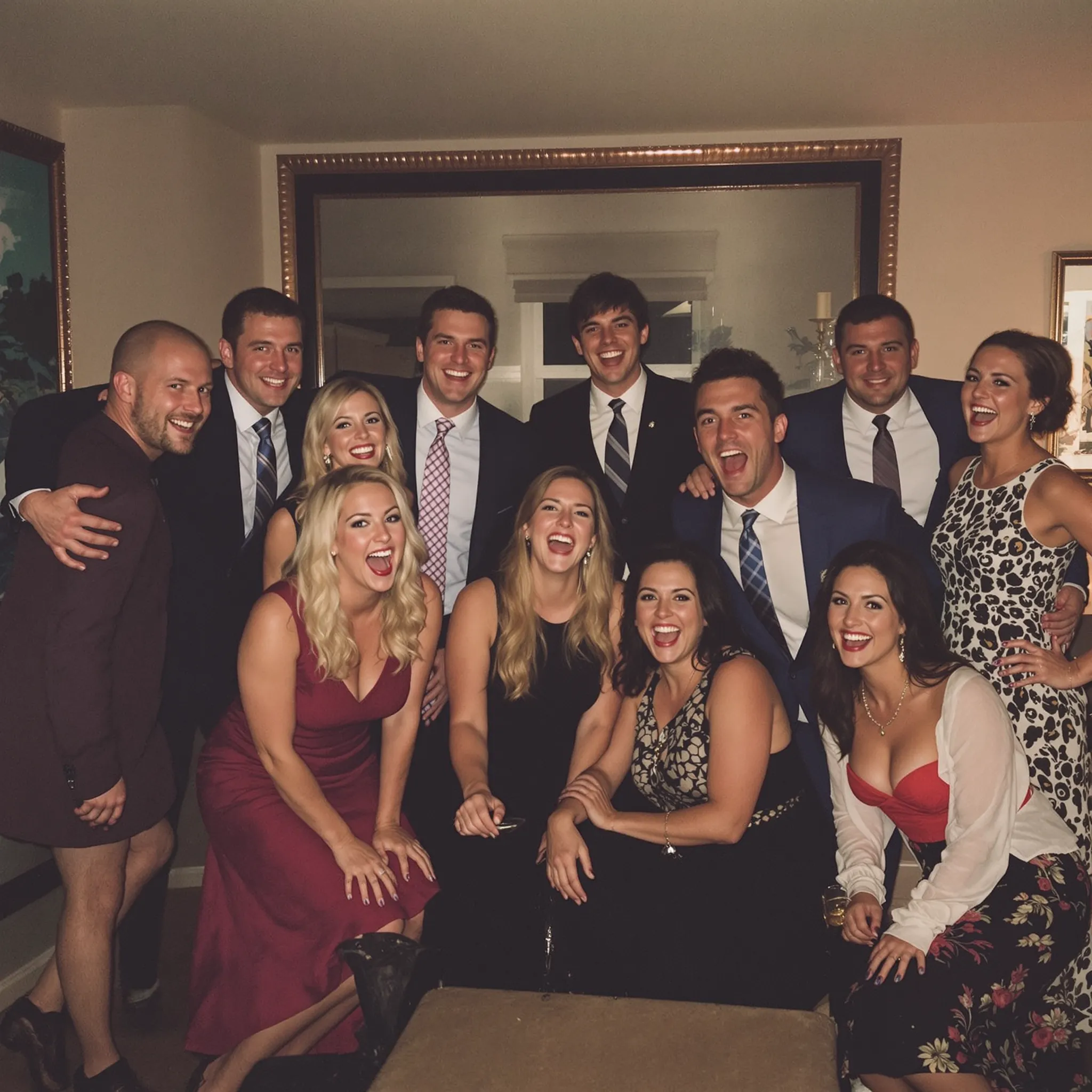 A large group of people, including a bride and groom, posing for a photo indoors.