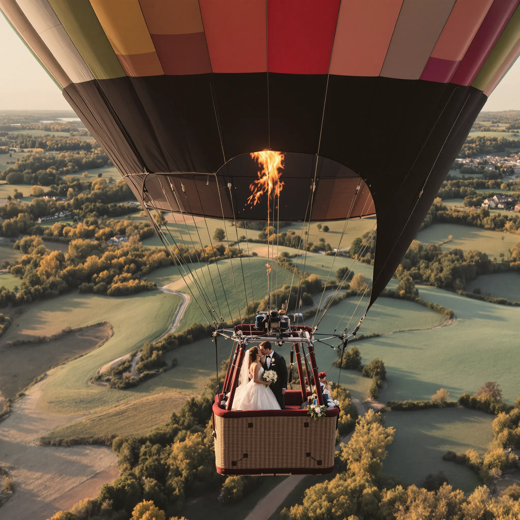 A bride and groom in a hot air balloon flying over a rural landscape.