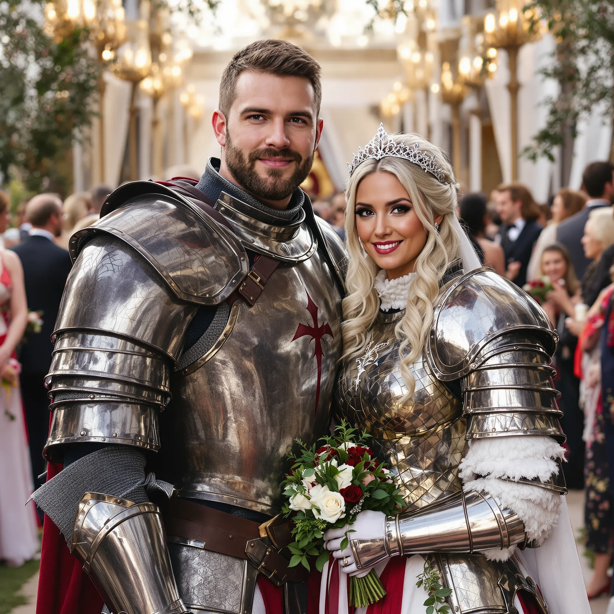 A bride and groom in elaborate historical attire posing for a wedding photo. The groom appears to be wearing armor.
