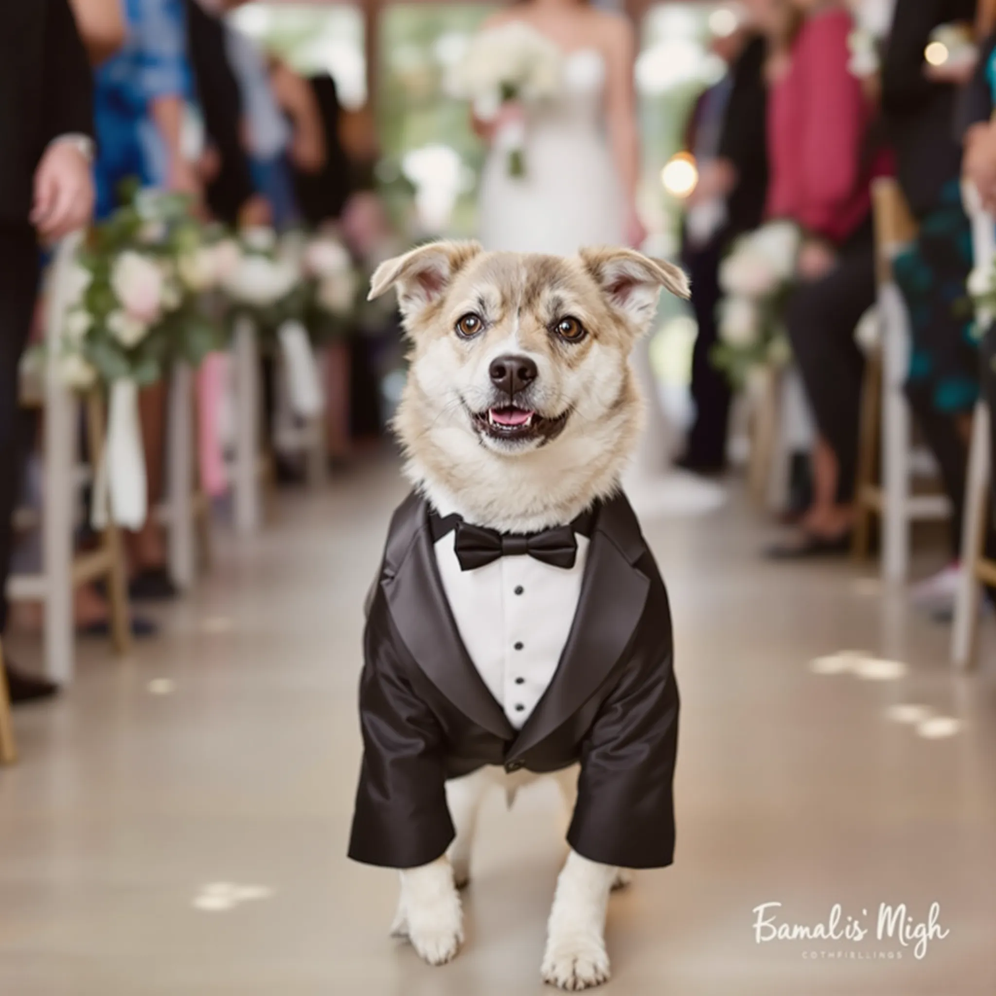 A dog wearing a tuxedo at a wedding.