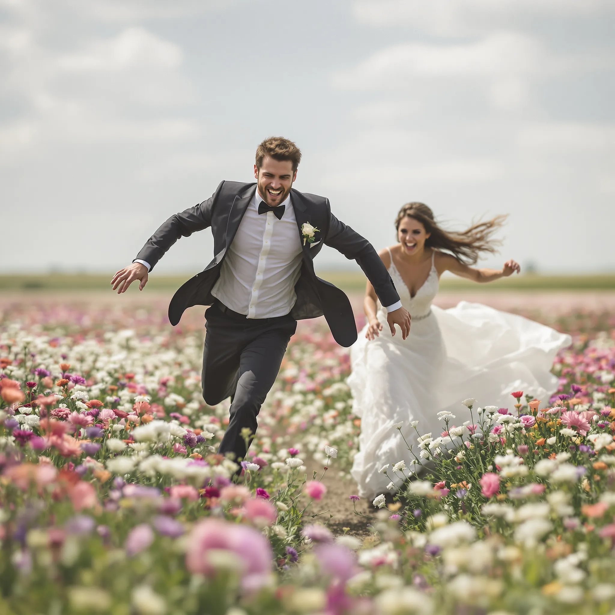 A bride and groom running through a field of flowers.