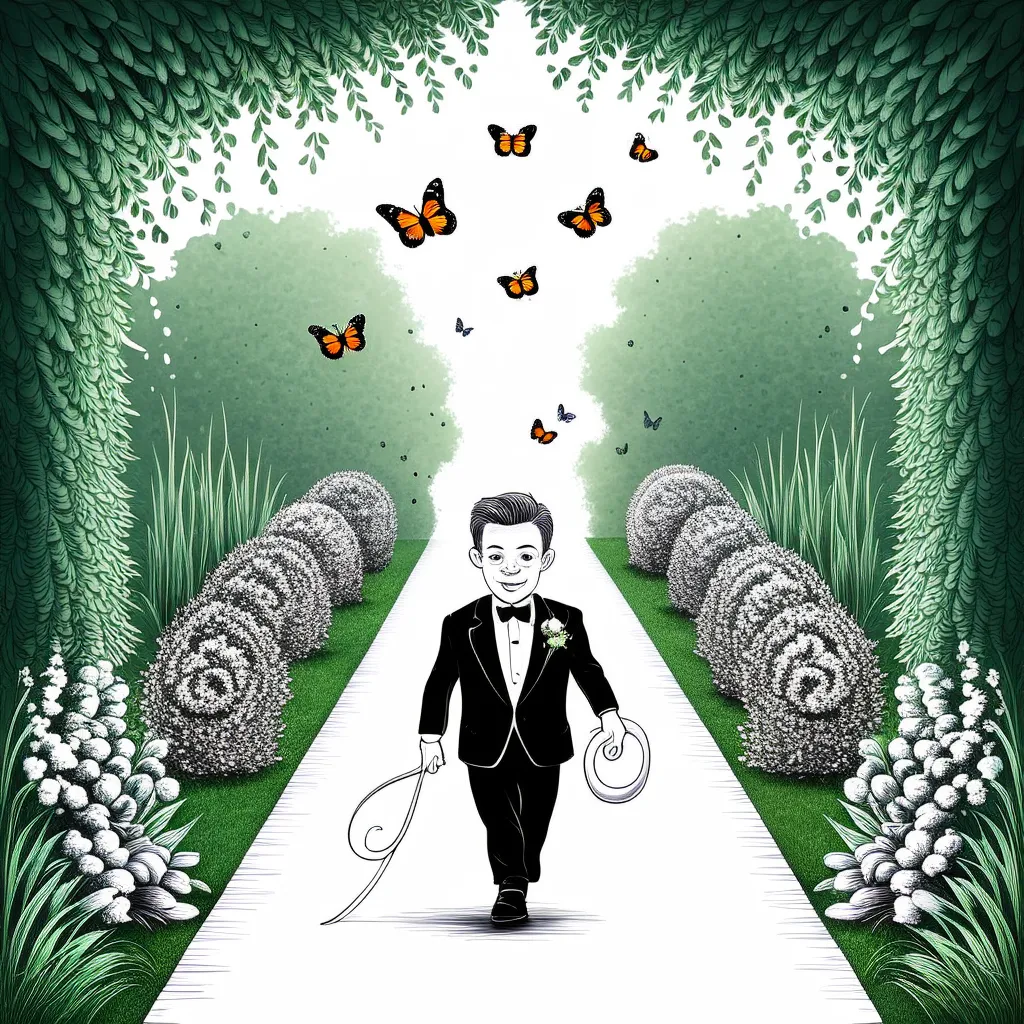 A cartoon illustration of a groom walking down an aisle made of stones towards a light, with butterflies flying above him.
