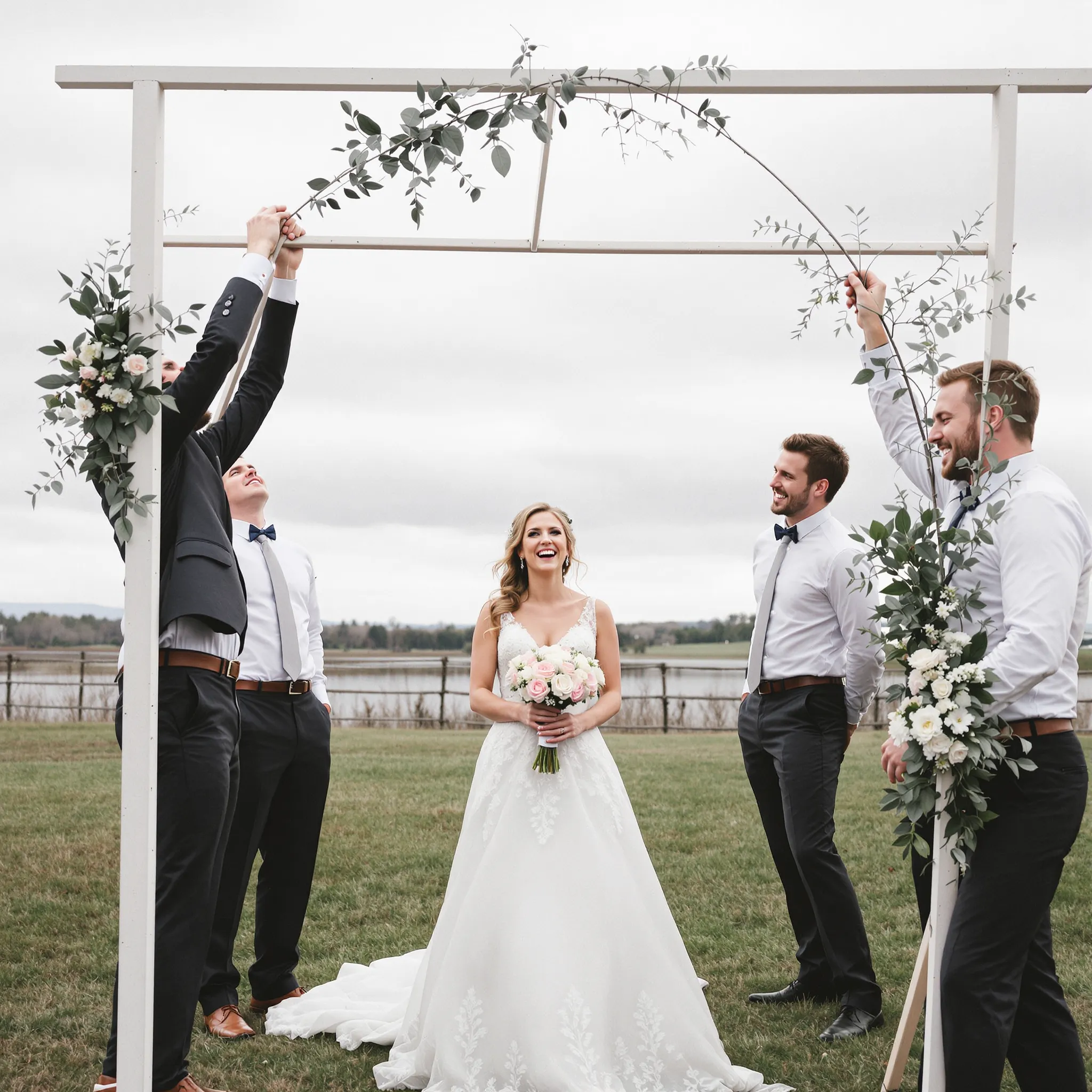 A bride and groom standing under an arch, surrounded by their wedding party.