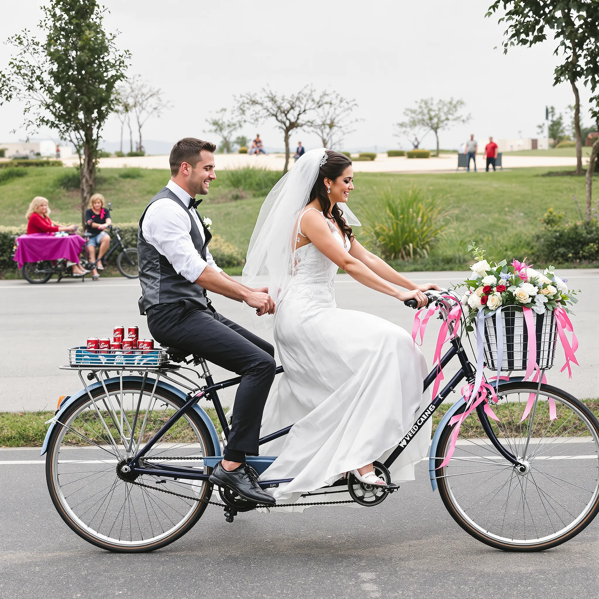 A bride and groom riding a bicycle.