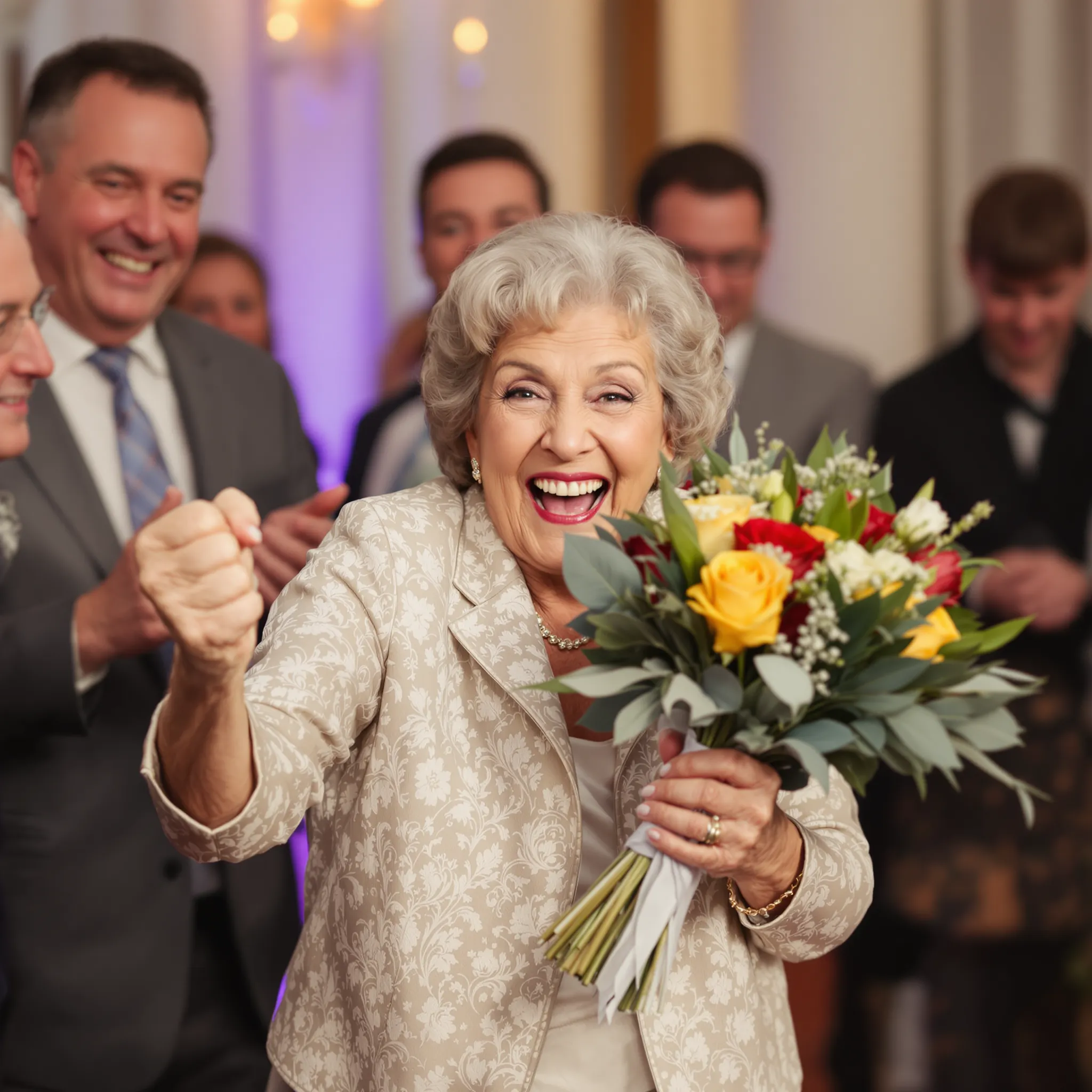 A wedding guest, possibly female, is holding a colorful bouquet of flowers at a wedding.