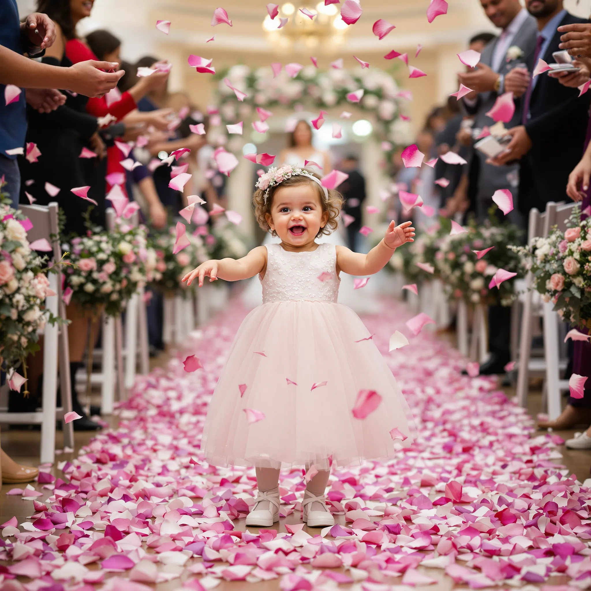 A young girl, likely a flower girl, is walking down the aisle at a wedding, scattering petals.