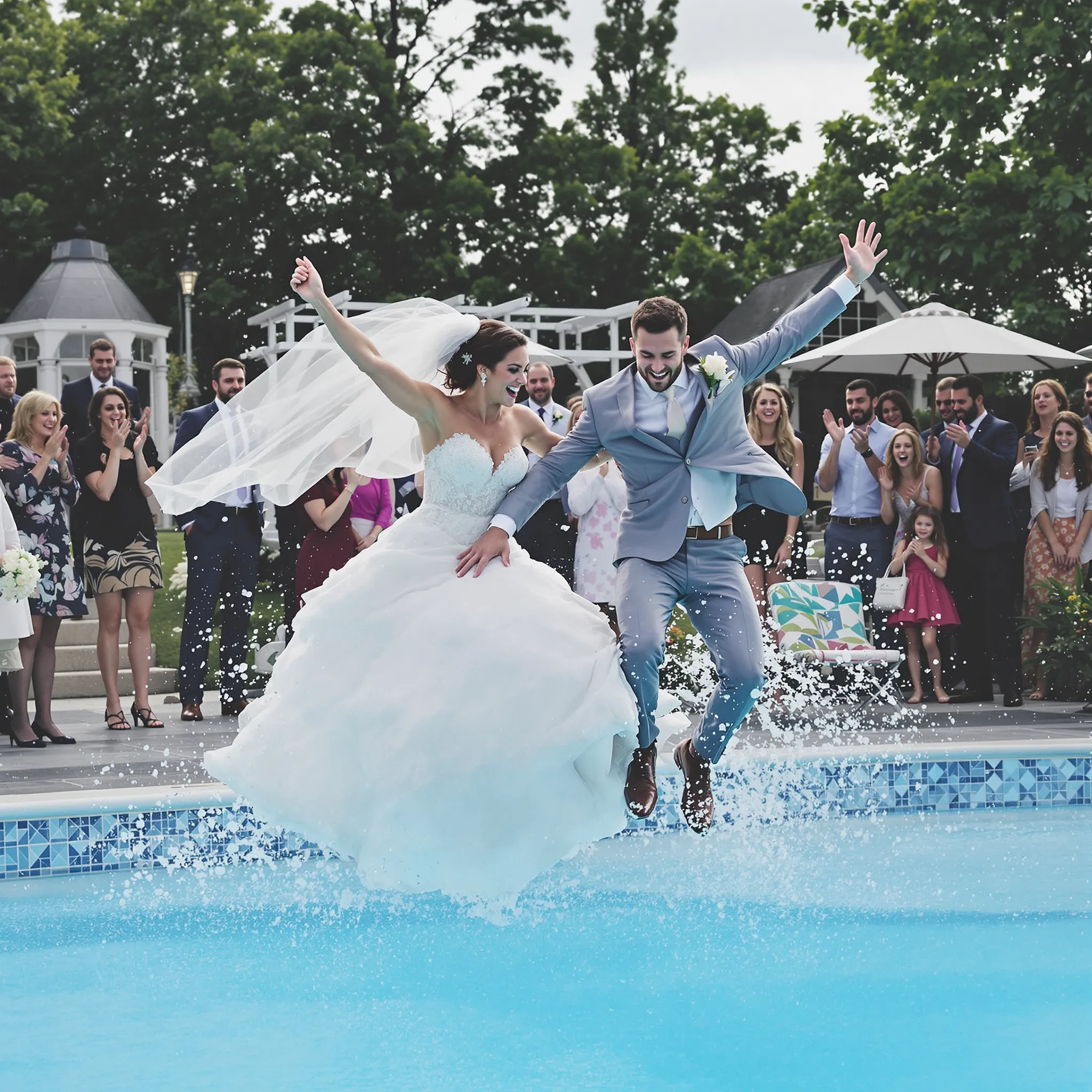 A wedding couple, dressed in their wedding attire, is jumping into a swimming pool.
