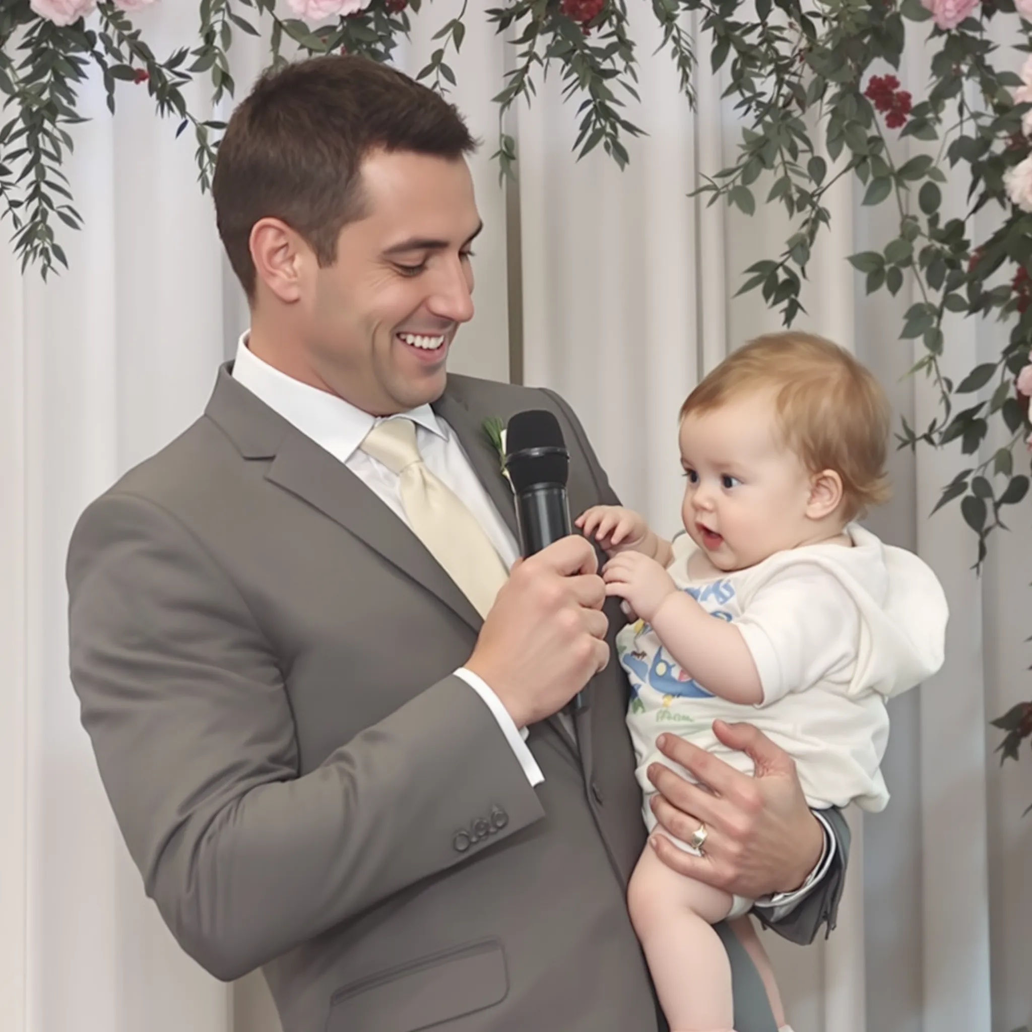 A father is holding his baby, possibly his daughter, at a wedding.