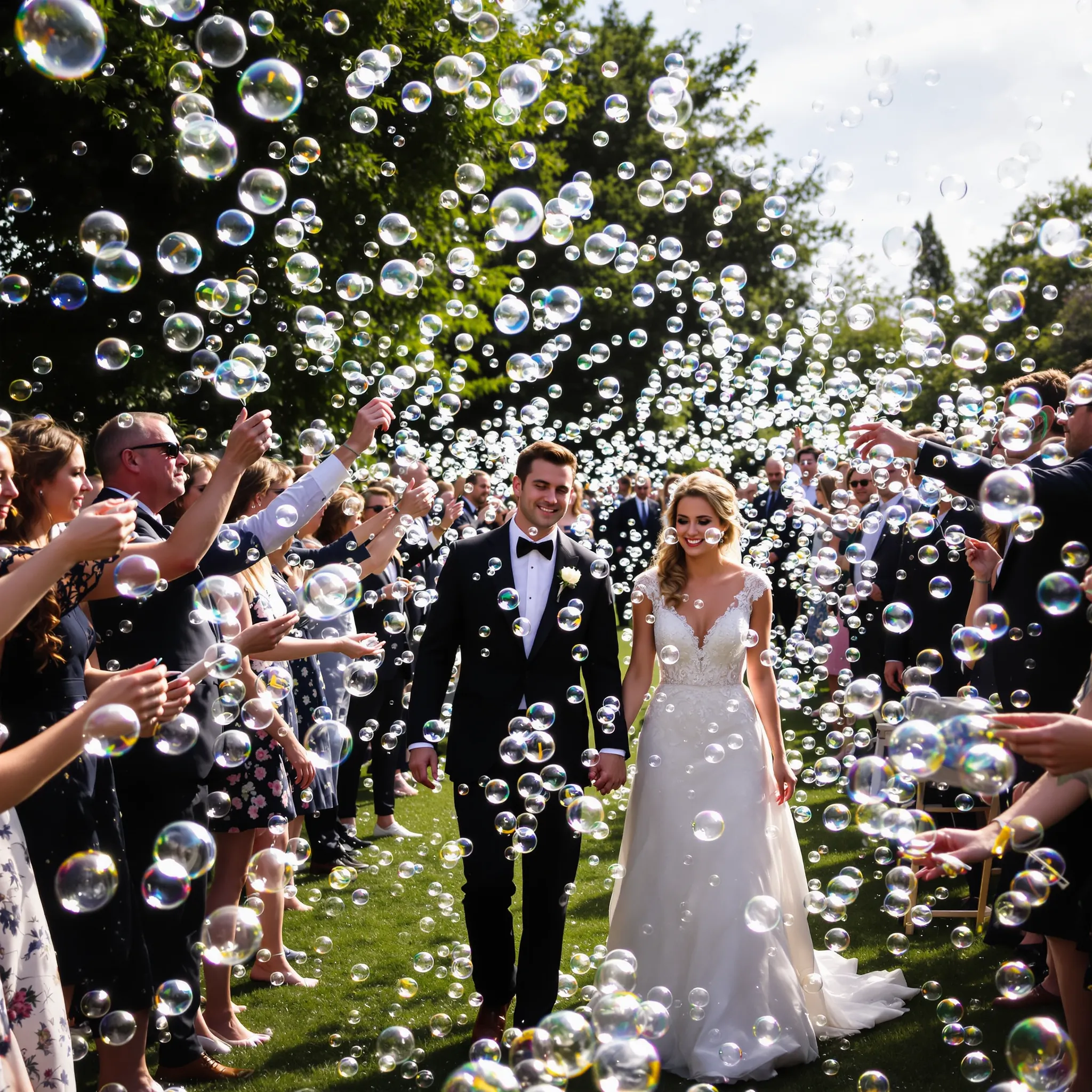 Wedding couple blowing bubbles.