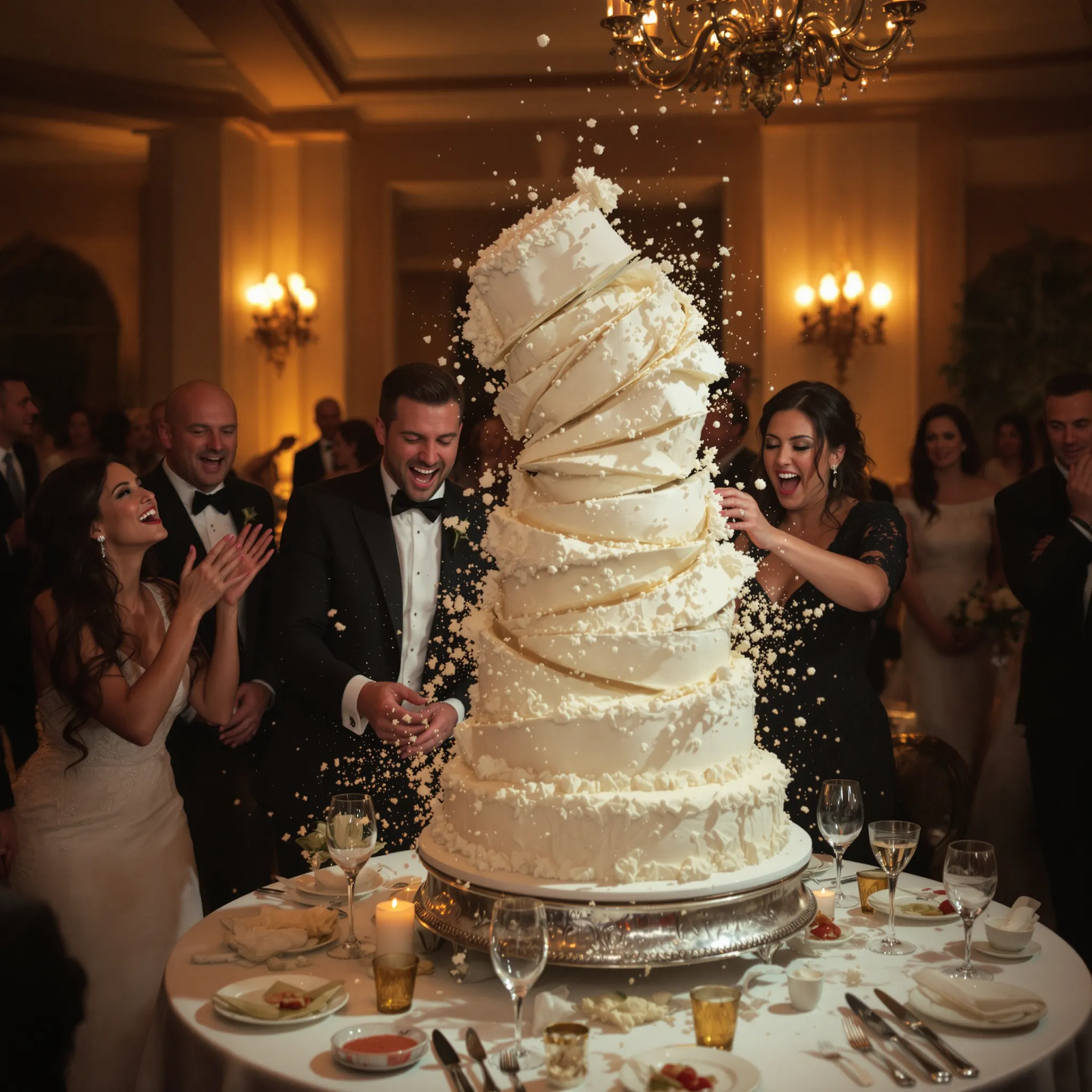 Wedding cake falling.