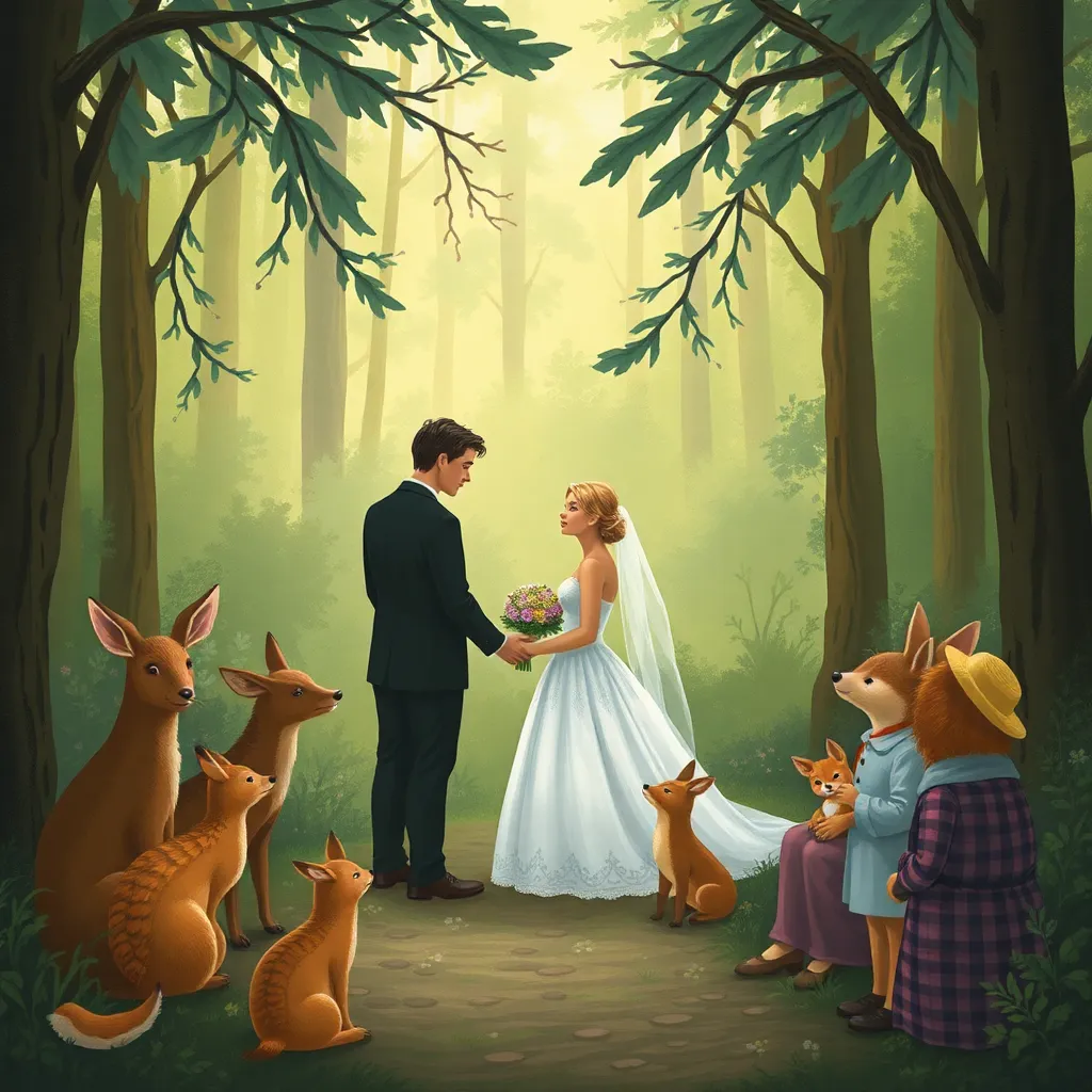 A cartoon illustration of a bride and groom exchanging vows in a forest clearing, with kangaroos and other animals as witnesses.