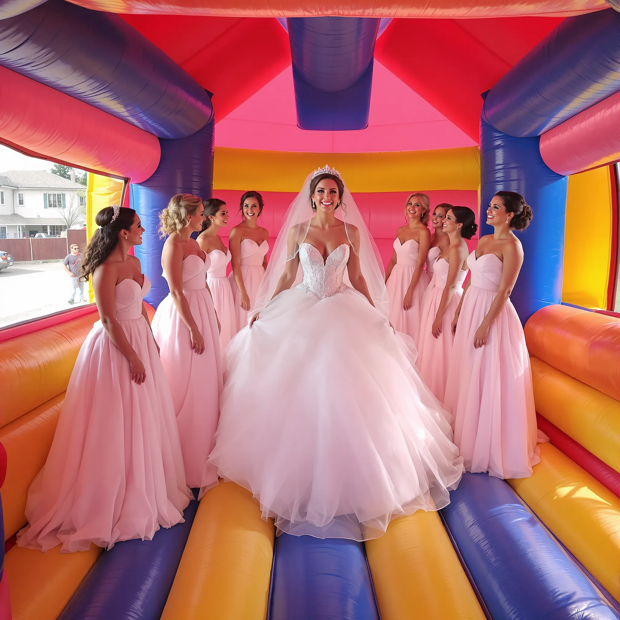 Bridesmaids having fun in a bouncy house.