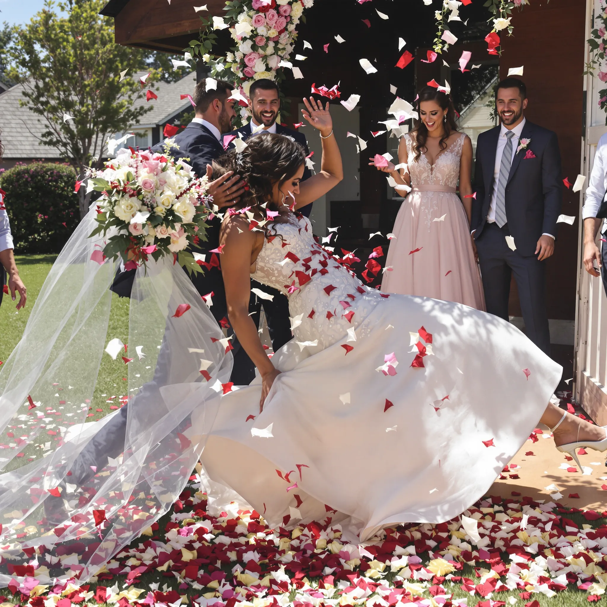 Wedding couple being showered with colorful confetti, celebrating their marriage.