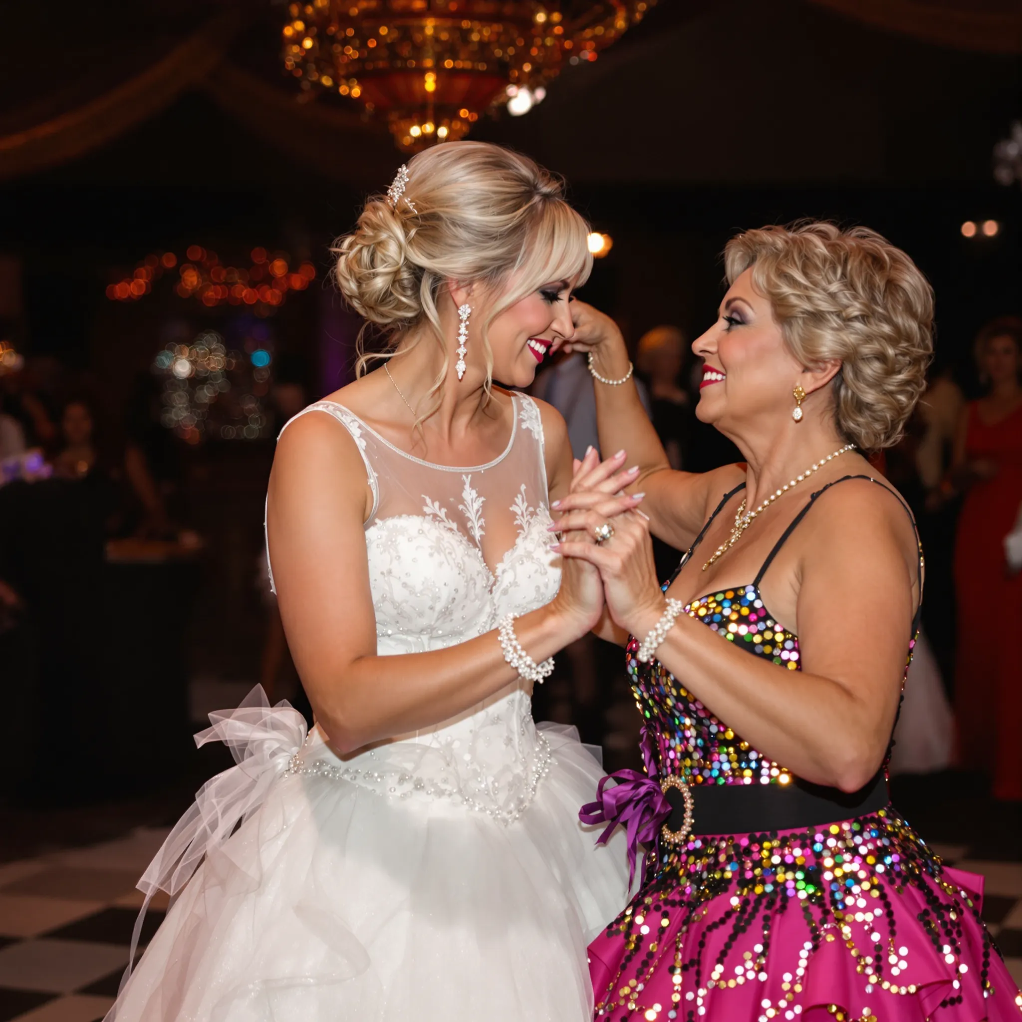 Two brides toasting with champagne glasses at their wedding reception.