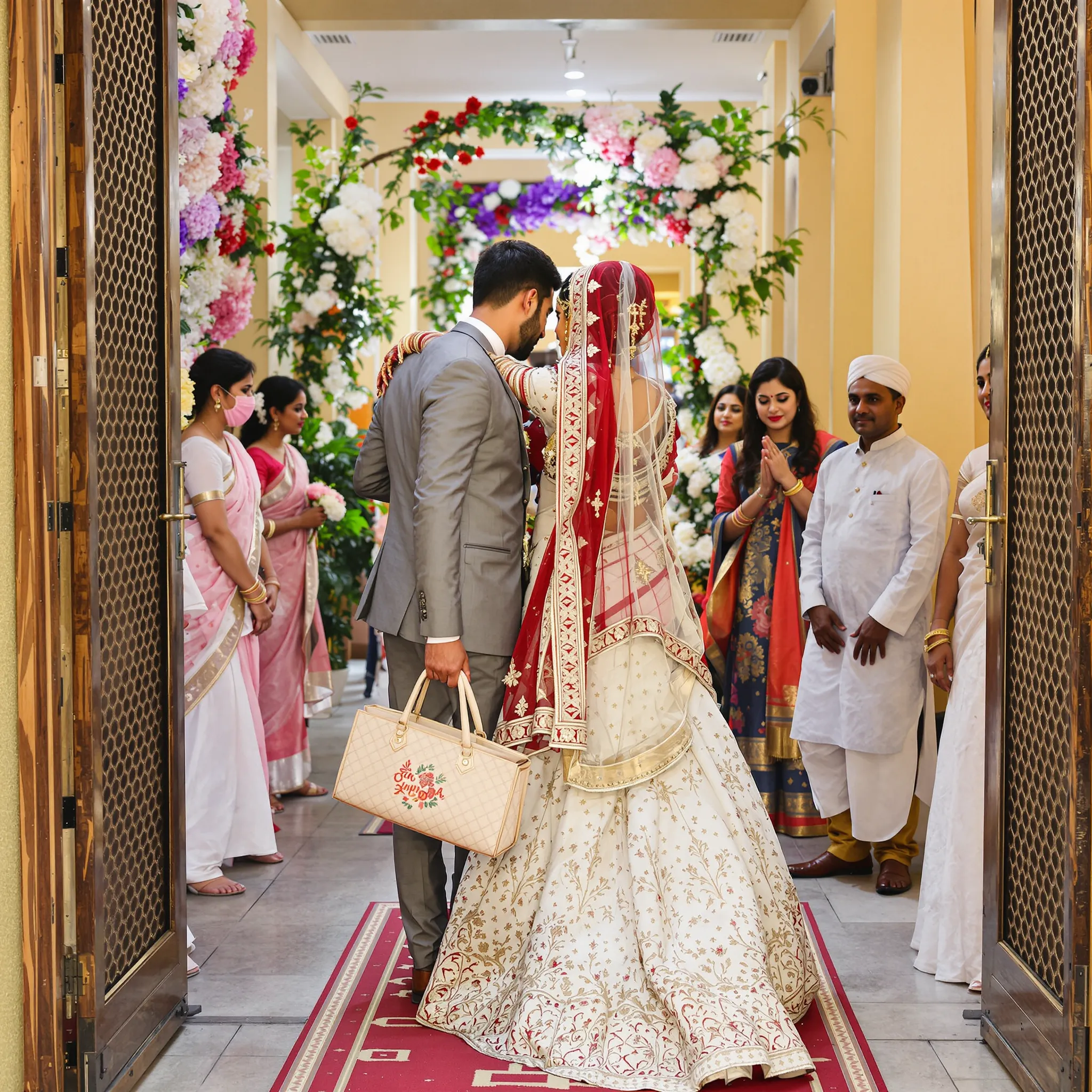 A newlywed couple in traditional Indian wedding attire walks down a decorated aisle as guests shower them with flower petals.