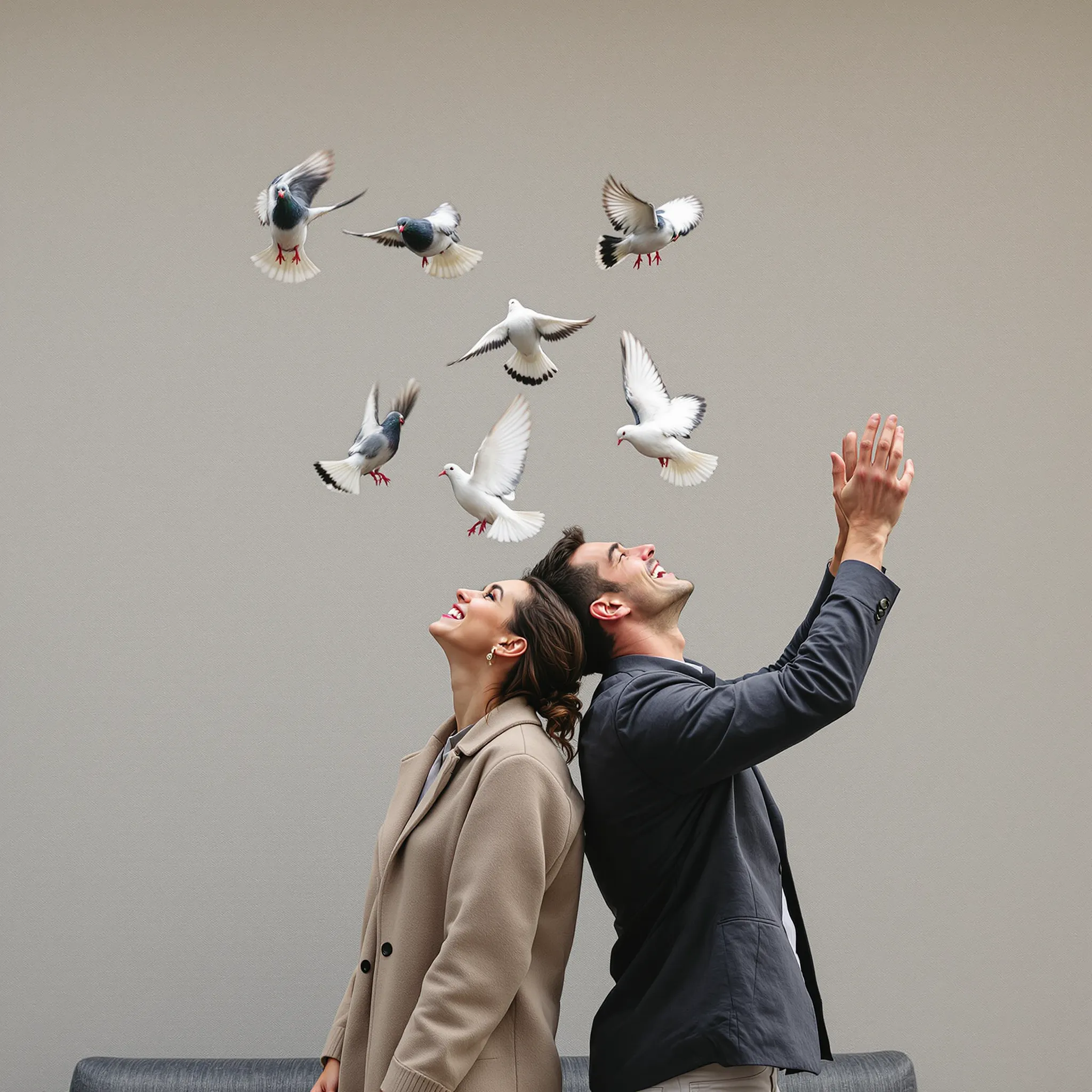 A man in a dark suit releases white doves into the air while a woman in a light-colored shawl watches with a smile.