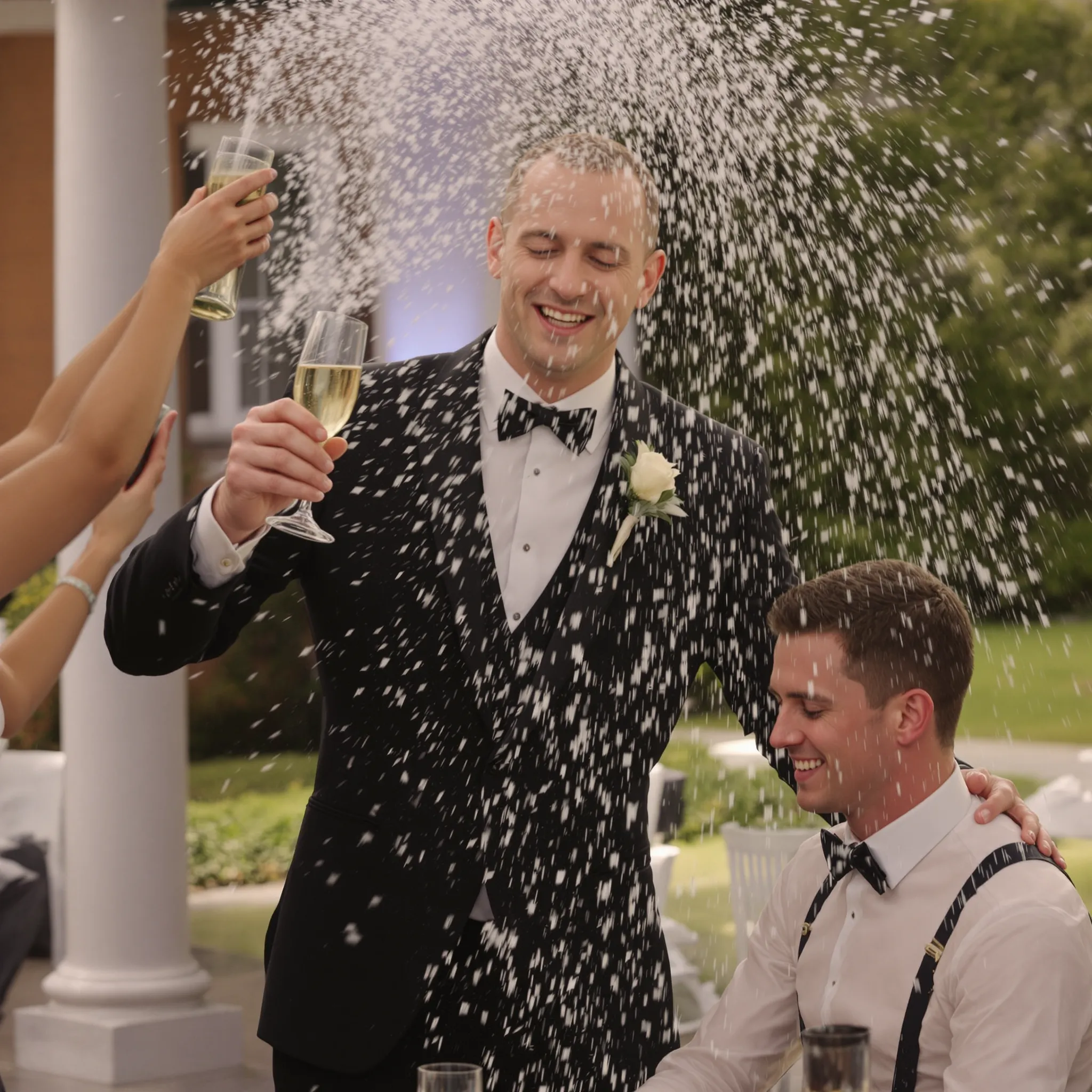 A groom in a black tuxedo sprays champagne as he celebrates with another man in a light-colored shirt.