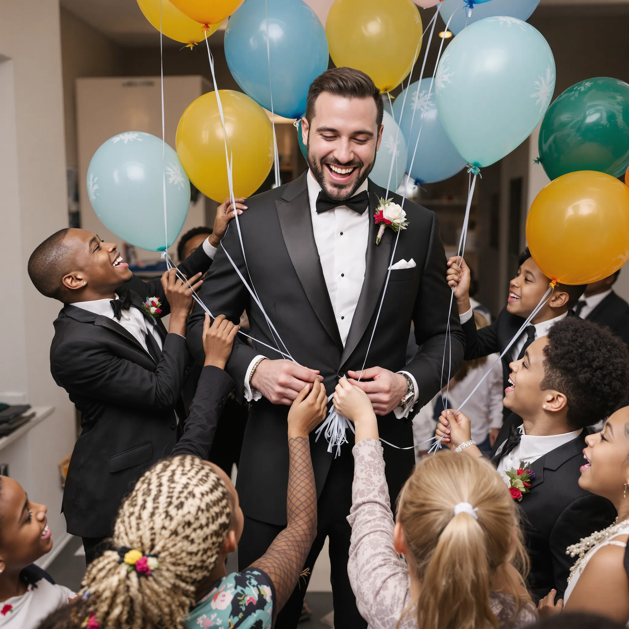 A groom in a black tuxedo surrounded by people holding colorful balloons smiles broadly.