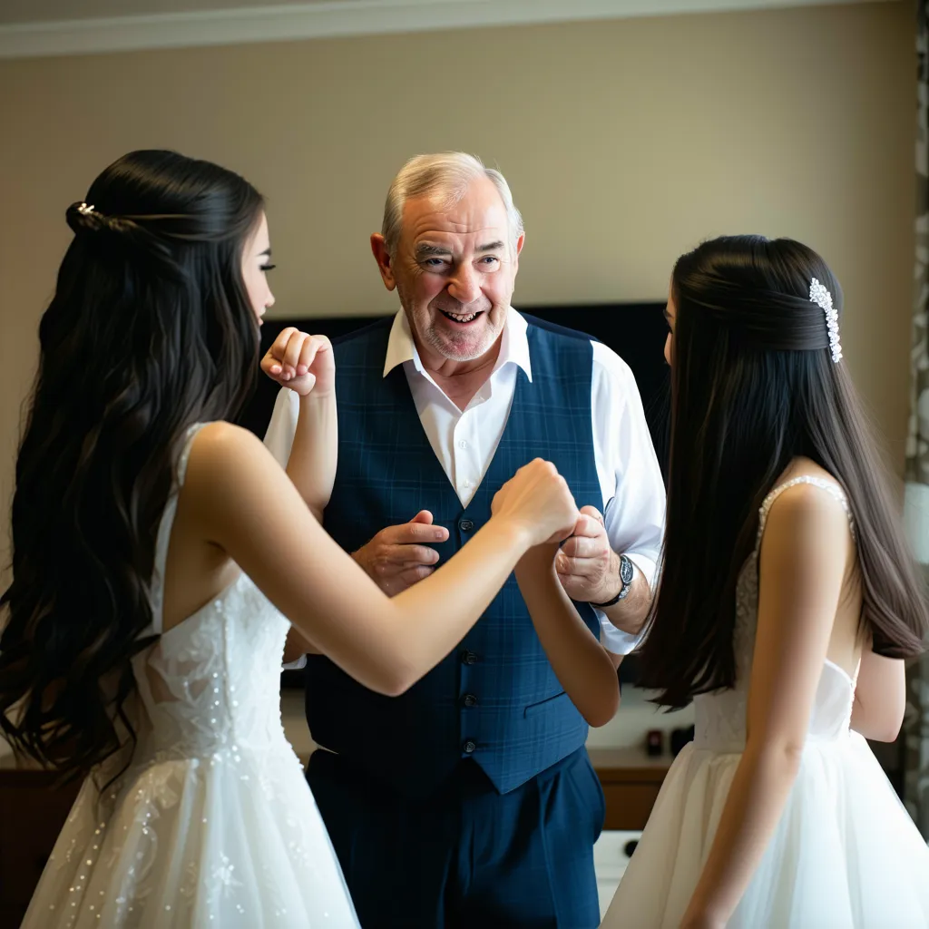 A bride in a white dress dances with an older man in a vest, while another woman in a white dress looks on.